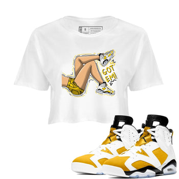 Got Em Legs sneaker match tees to Yellow Ochre 6s street fashion brand for shirts to match Jordans SNRT Sneaker Tees Air Jordan 6 Yellow Ochre unisex t-shirt White 1 crop shirt
