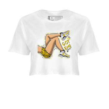Got Em Legs sneaker match tees to Yellow Ochre 6s street fashion brand for shirts to match Jordans SNRT Sneaker Tees Air Jordan 6 Yellow Ochre unisex t-shirt White 2 crop shirt