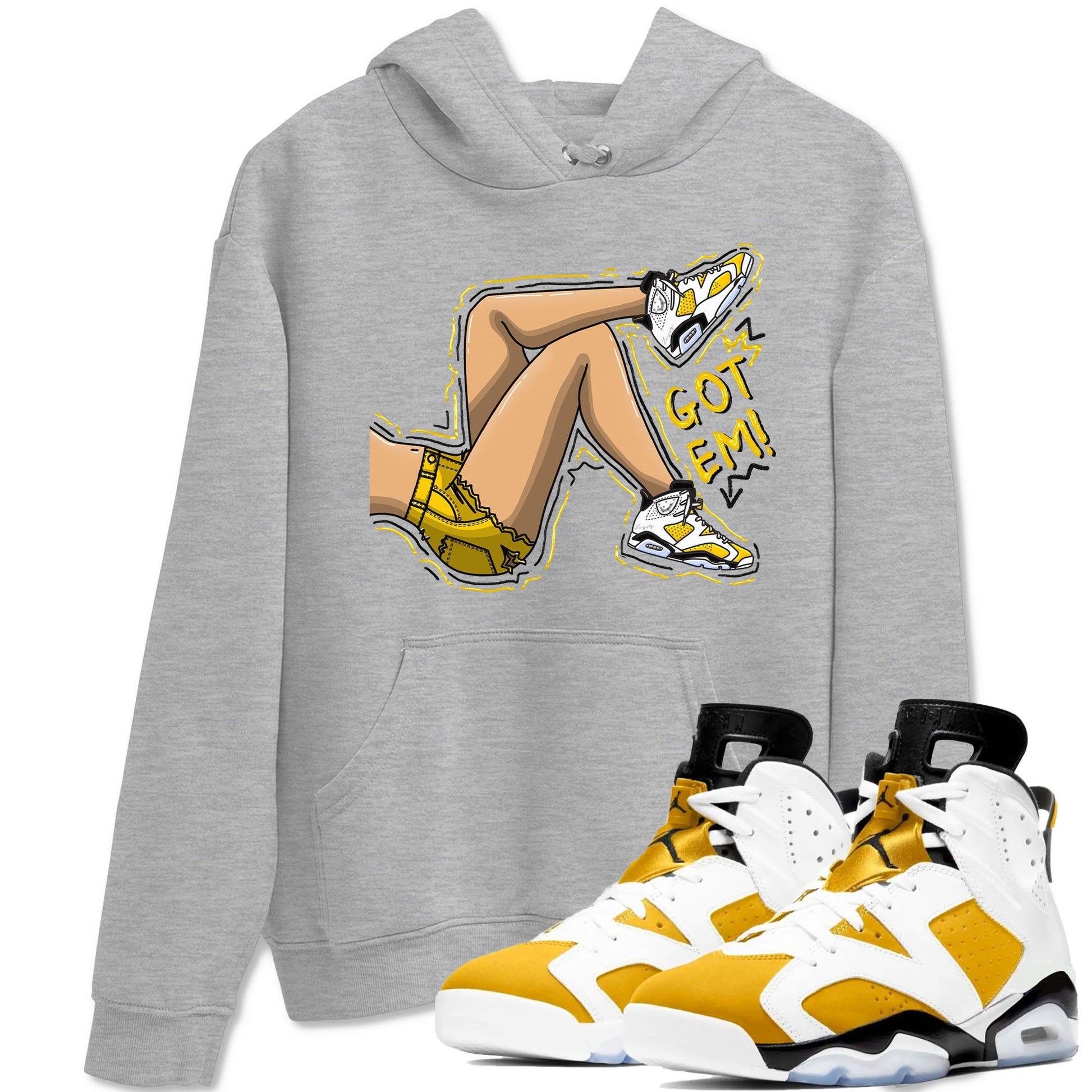Got Em Legs sneaker match tees to Yellow Ochre 6s street fashion brand for shirts to match Jordans SNRT Sneaker Tees Air Jordan 6 Yellow Ochre unisex t-shirt Heather Grey 1 unisex shirt