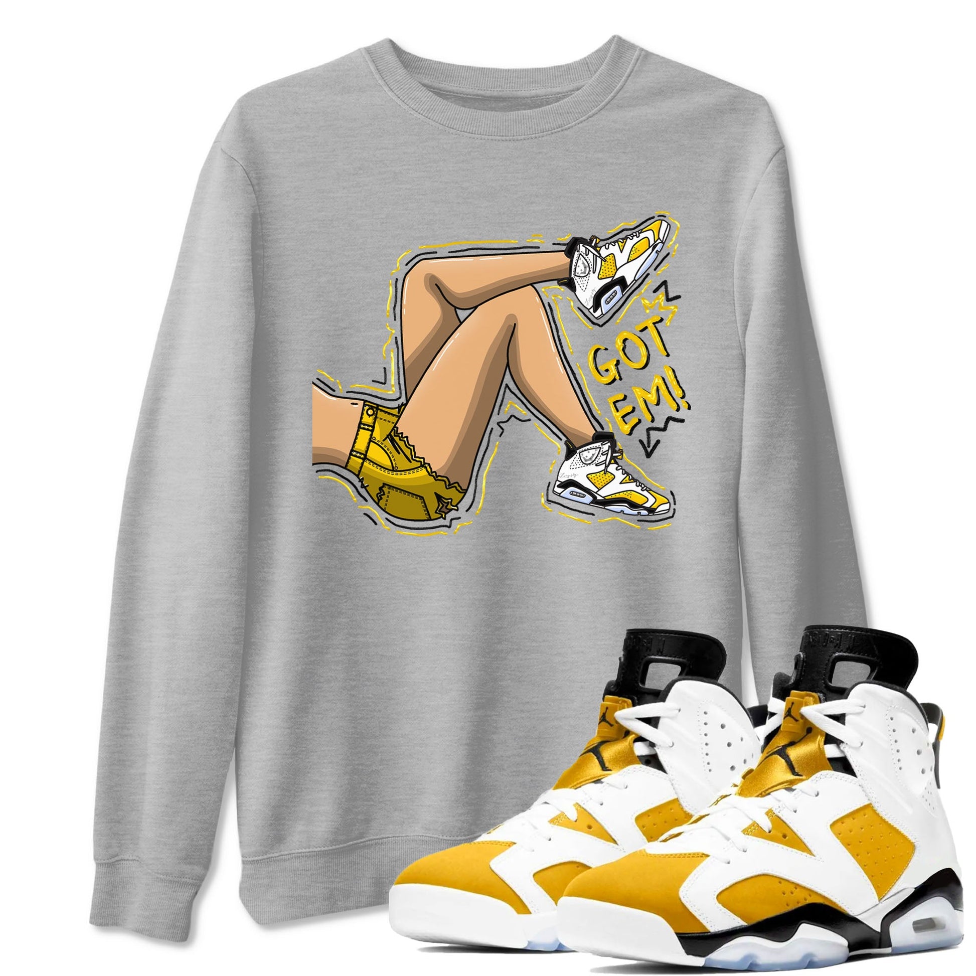 Got Em Legs sneaker match tees to Yellow Ochre 6s street fashion brand for shirts to match Jordans SNRT Sneaker Tees Air Jordan 6 Yellow Ochre unisex t-shirt Heather Grey 1 unisex shirt