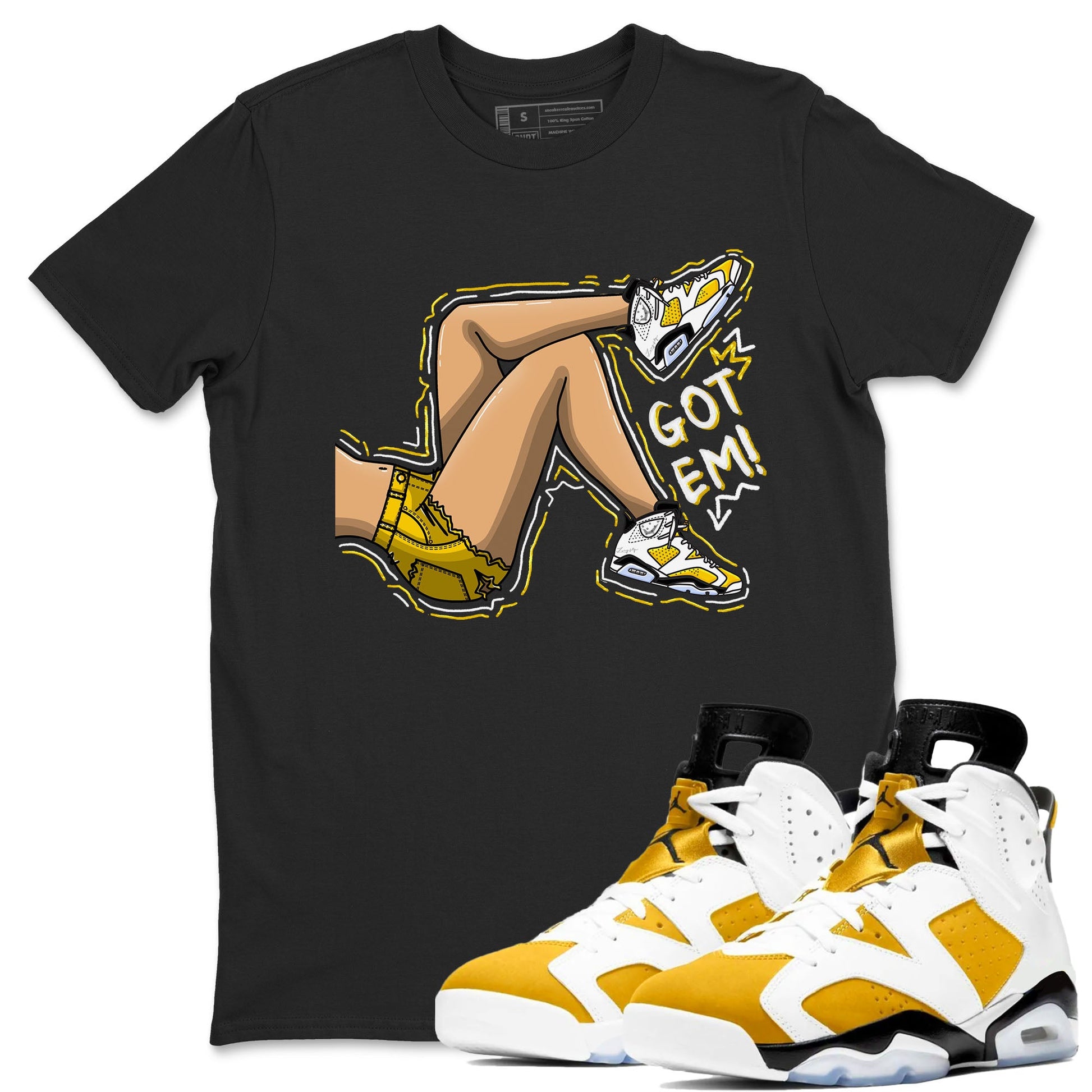 Got Em Legs sneaker match tees to Yellow Ochre 6s street fashion brand for shirts to match Jordans SNRT Sneaker Tees Air Jordan 6 Yellow Ochre unisex t-shirt Black 1 unisex shirt