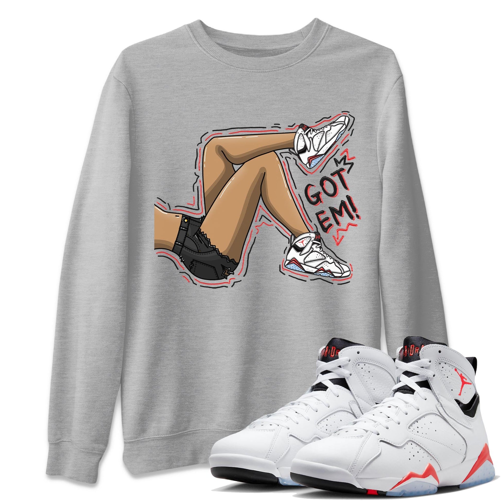Air Jordan 7 White Infrared shirt to match jordans Got Em Legs sneaker tees White Infrared 7s SNRT Sneaker Release Tees Unisex Heather Grey 1 T-Shirt