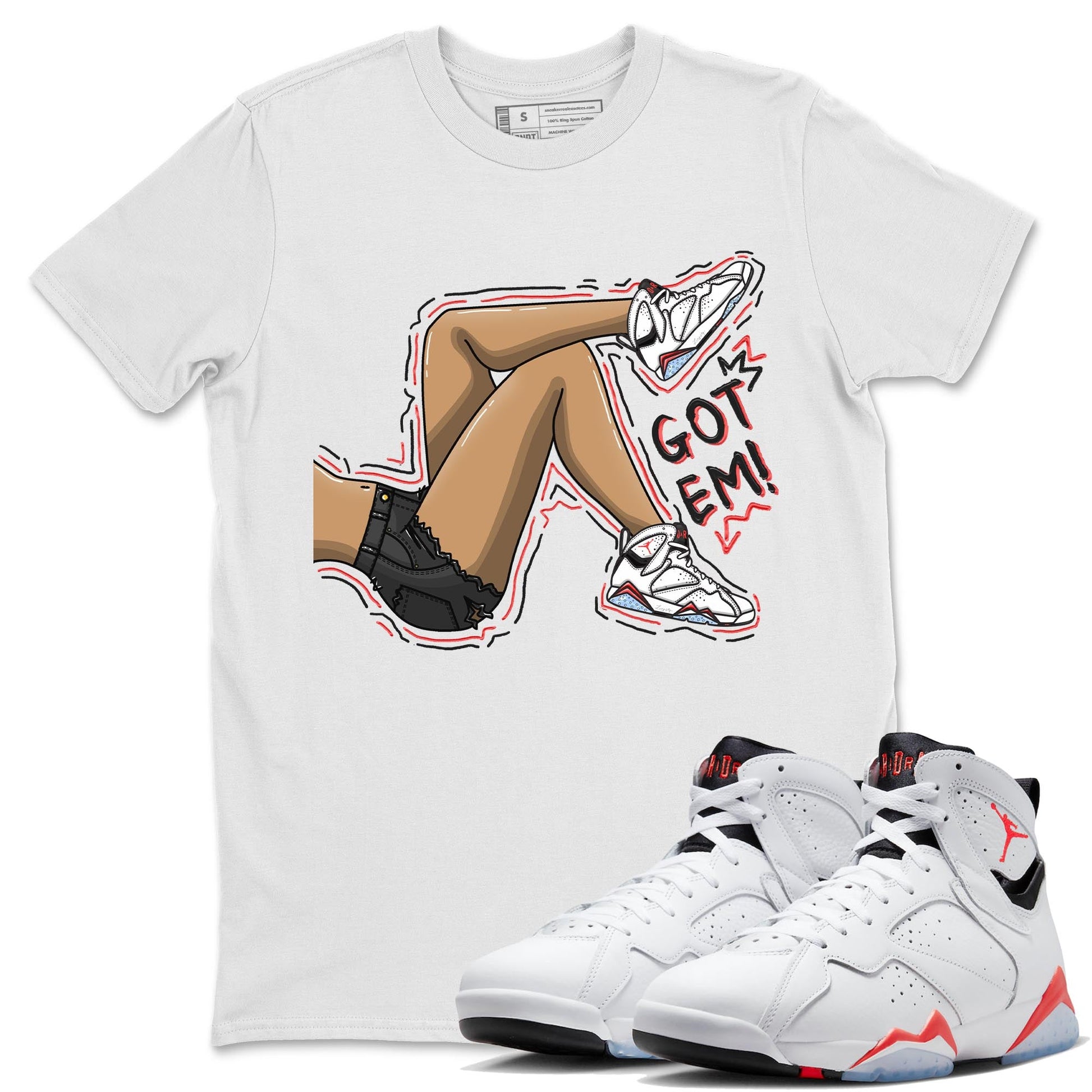 Air Jordan 7 White Infrared shirt to match jordans Got Em Legs sneaker tees White Infrared 7s SNRT Sneaker Release Tees Unisex White 1 T-Shirt
