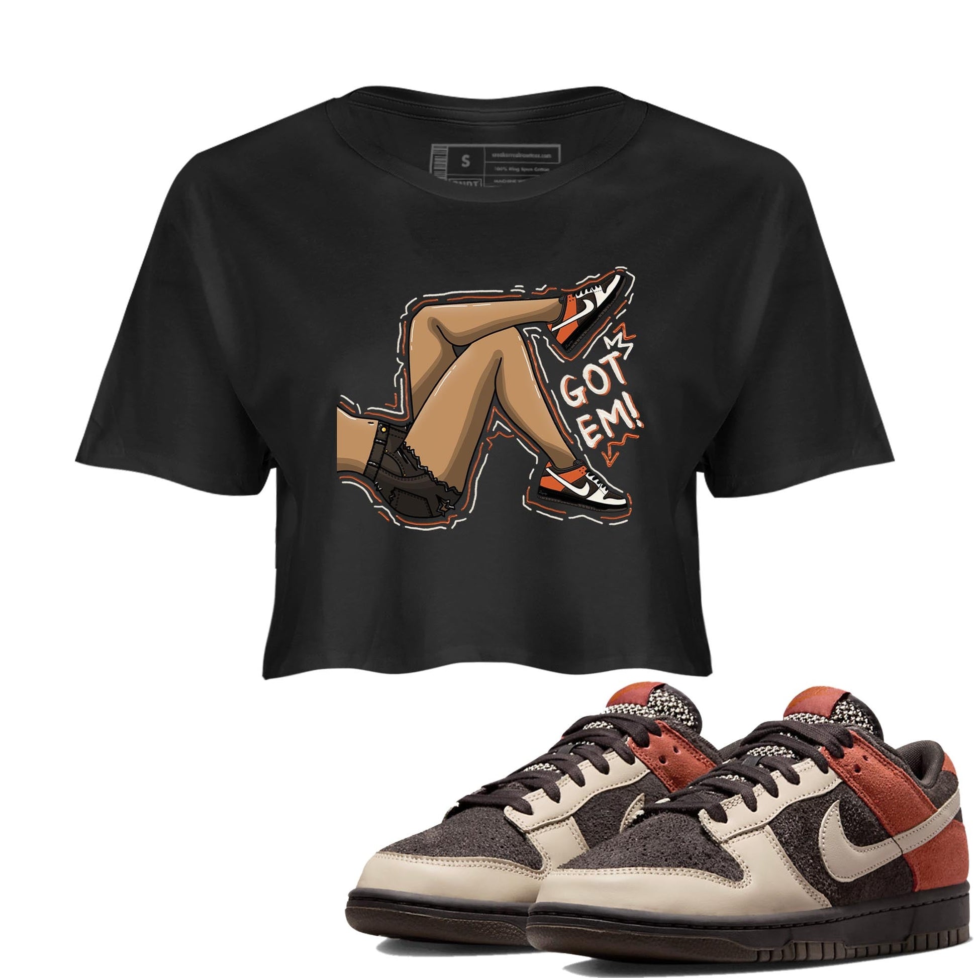 Nike Low Dunk Red Panda shirt to match jordans Got Em Legs sneaker tees Nike Dunk Red Panda SNRT Sneaker Tees Black 1 Crop T-Shirt