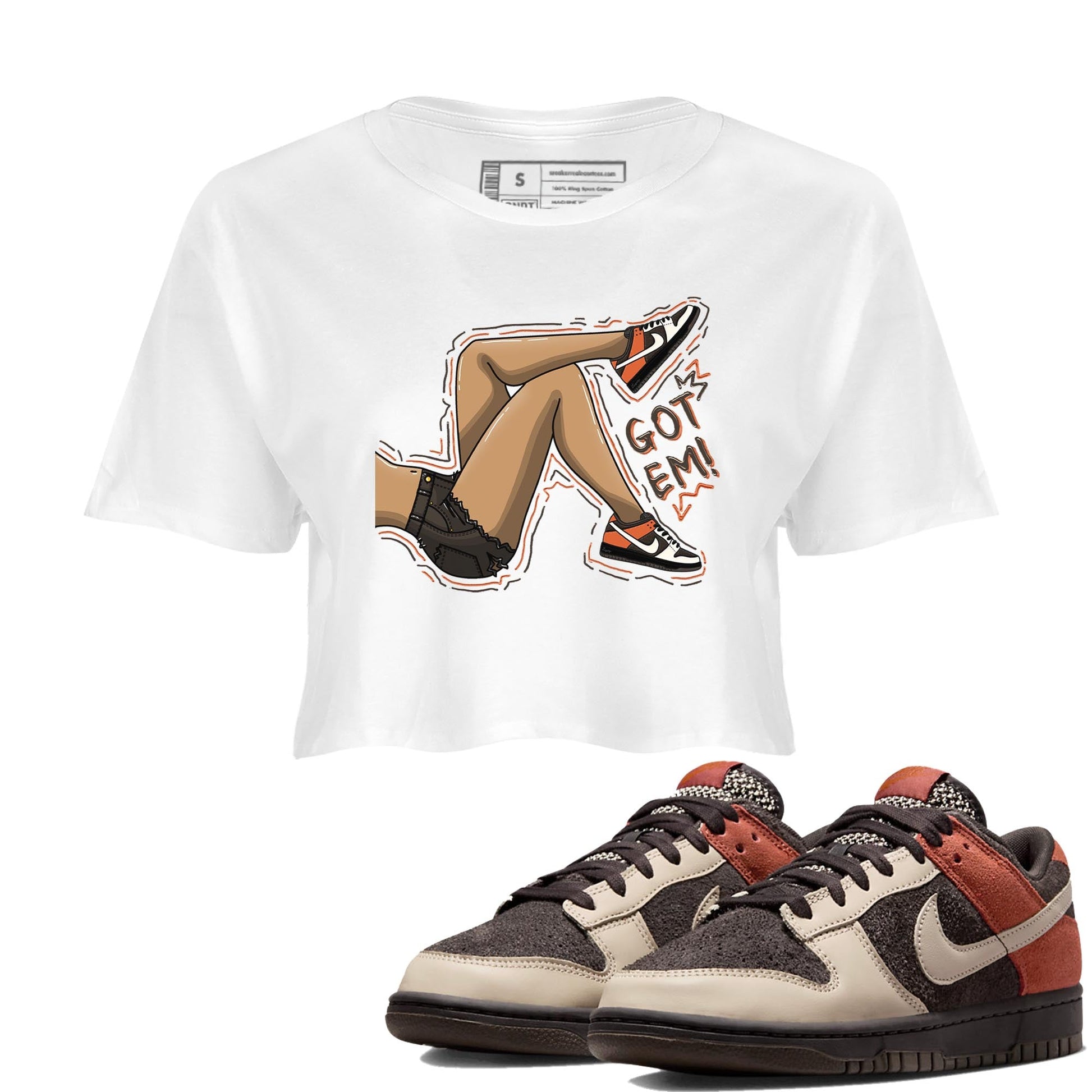 Nike Low Dunk Red Panda shirt to match jordans Got Em Legs sneaker tees Nike Dunk Red Panda SNRT Sneaker Tees White 1 Crop T-Shirt