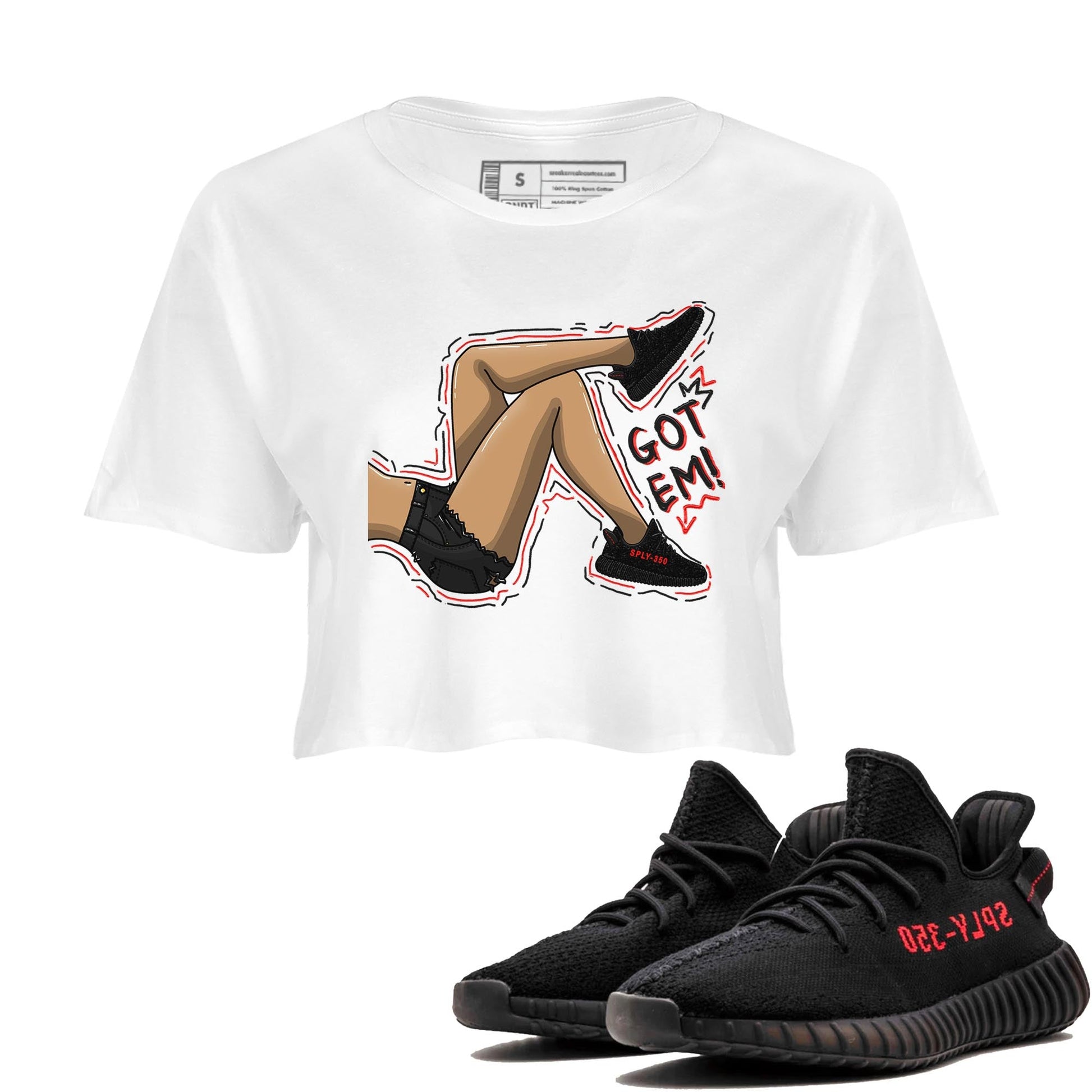 Yeezy 350 Bred shirt to match jordans Got Em Legs sneaker tees Yeezy Boost 350 V2 Bred SNRT Sneaker Release Tees White 1 Crop T-Shirt