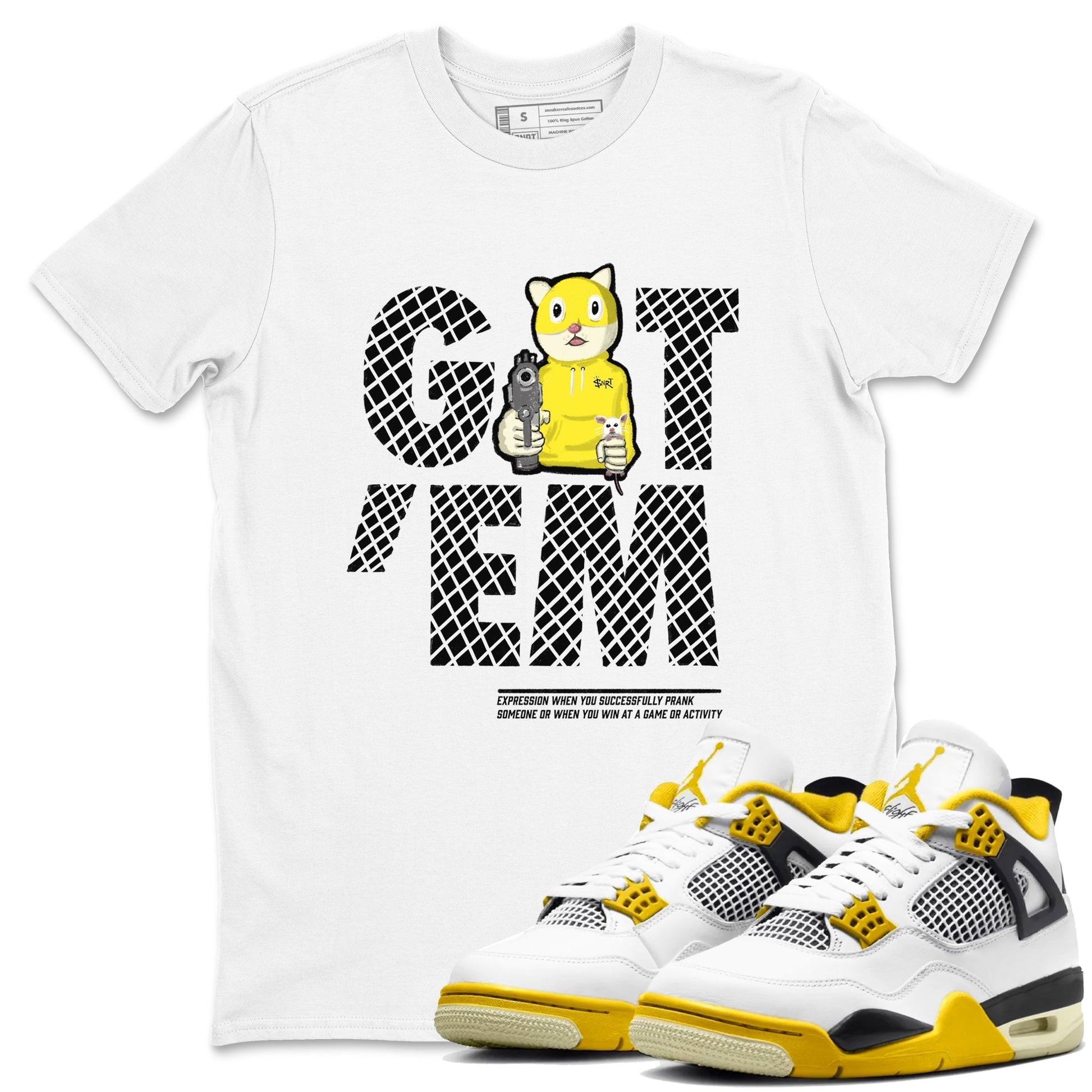 4s Vivid Sulfur shirt to match jordans Got'em Cat sneaker tees Air Jordan 4 Retro Vivid Sulfur SNRT Sneaker Release Tees unisex cotton White 1 crew neck shirt