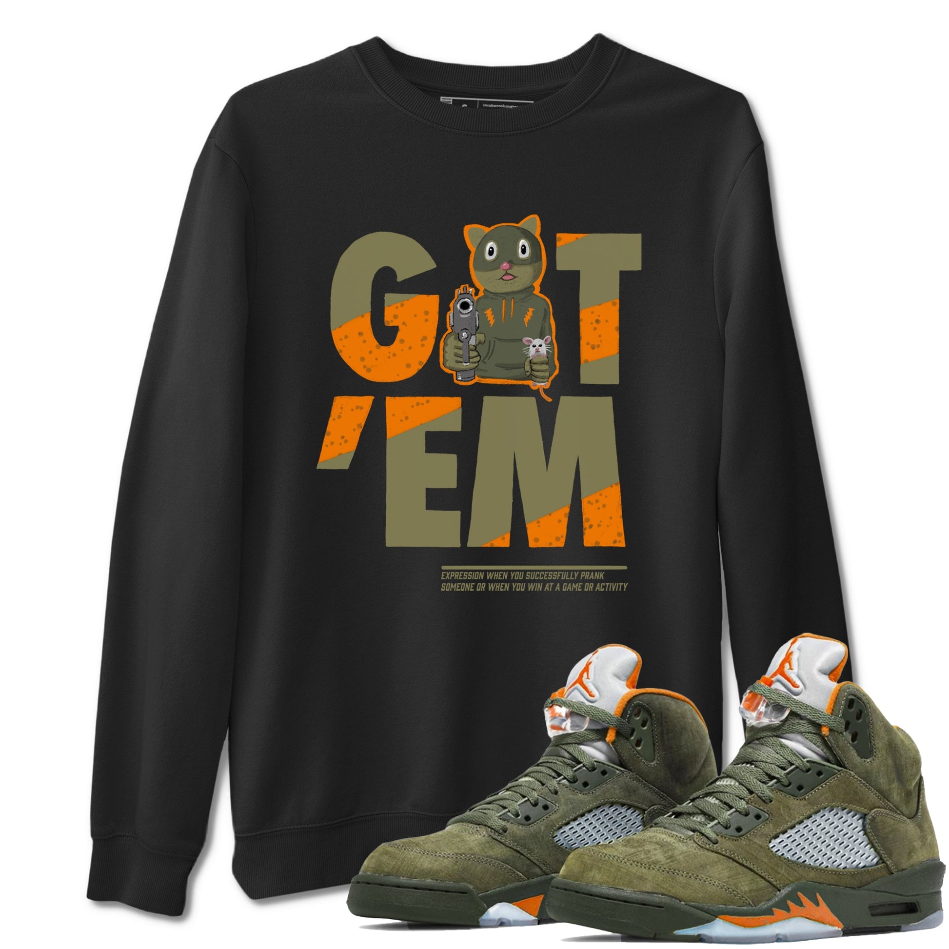 5s Olive shirt to match jordans Got'em Cat sneaker tees Air Jordan 5 Retro Olive SNRT Sneaker Release Tees unisex cotton Black 1 crew neck shirt