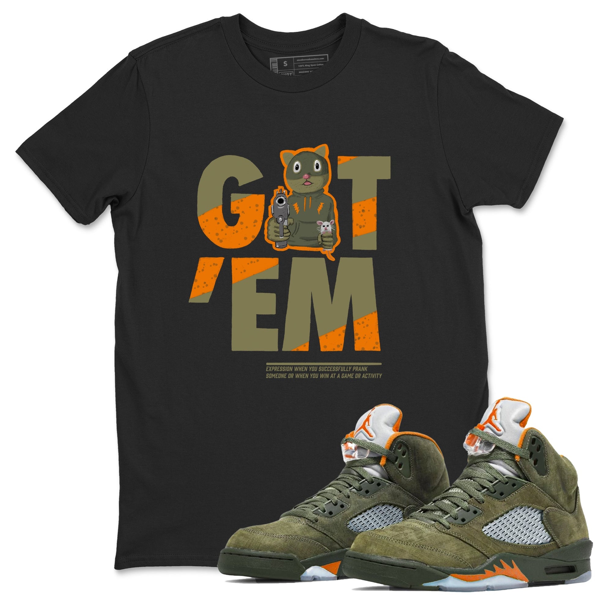 5s Olive shirt to match jordans Got'em Cat sneaker tees Air Jordan 5 Retro Olive SNRT Sneaker Release Tees unisex cotton Black 1 crew neck shirt