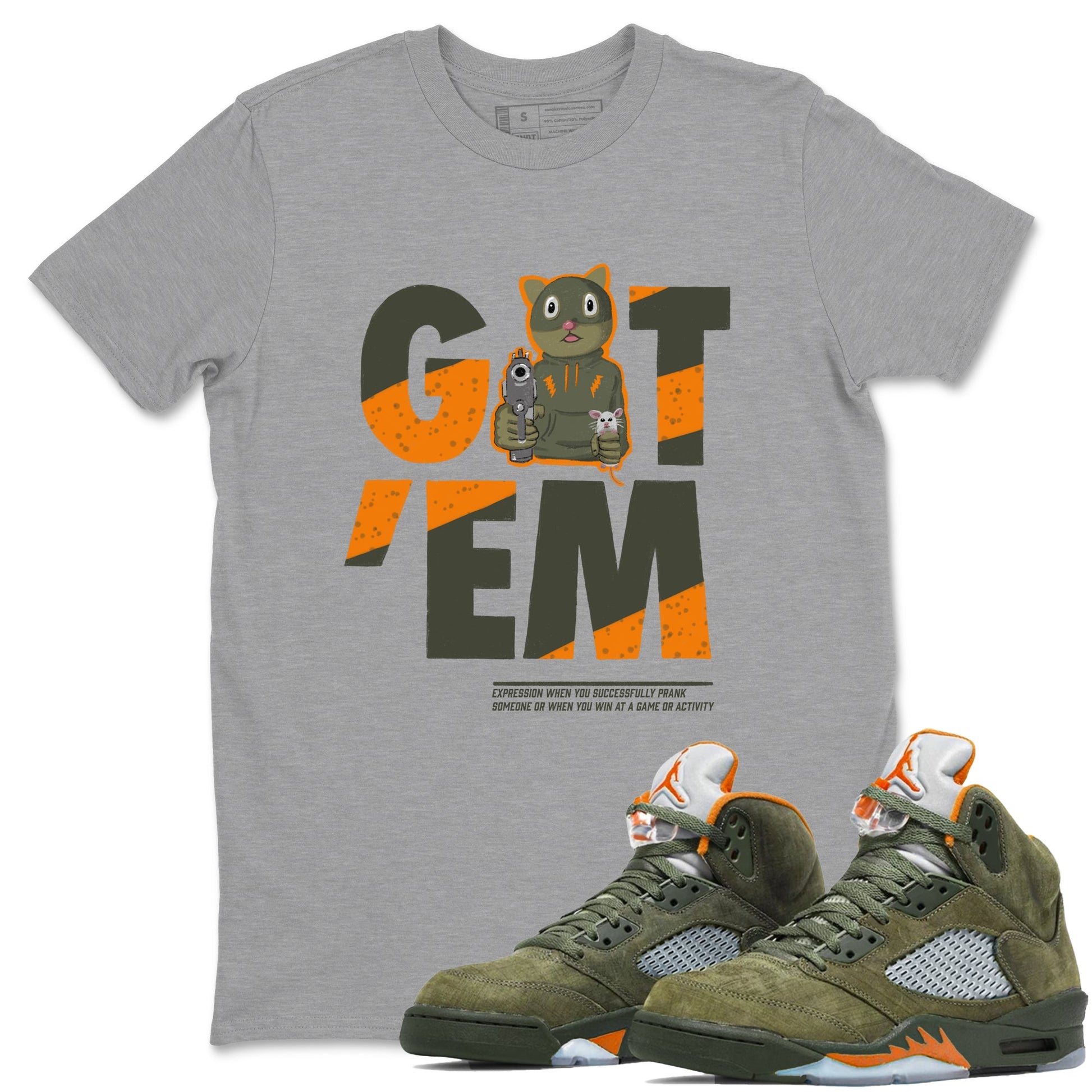 5s Olive shirt to match jordans Got'em Cat sneaker tees Air Jordan 5 Retro Olive SNRT Sneaker Release Tees unisex cotton Heather Grey 1 crew neck shirt