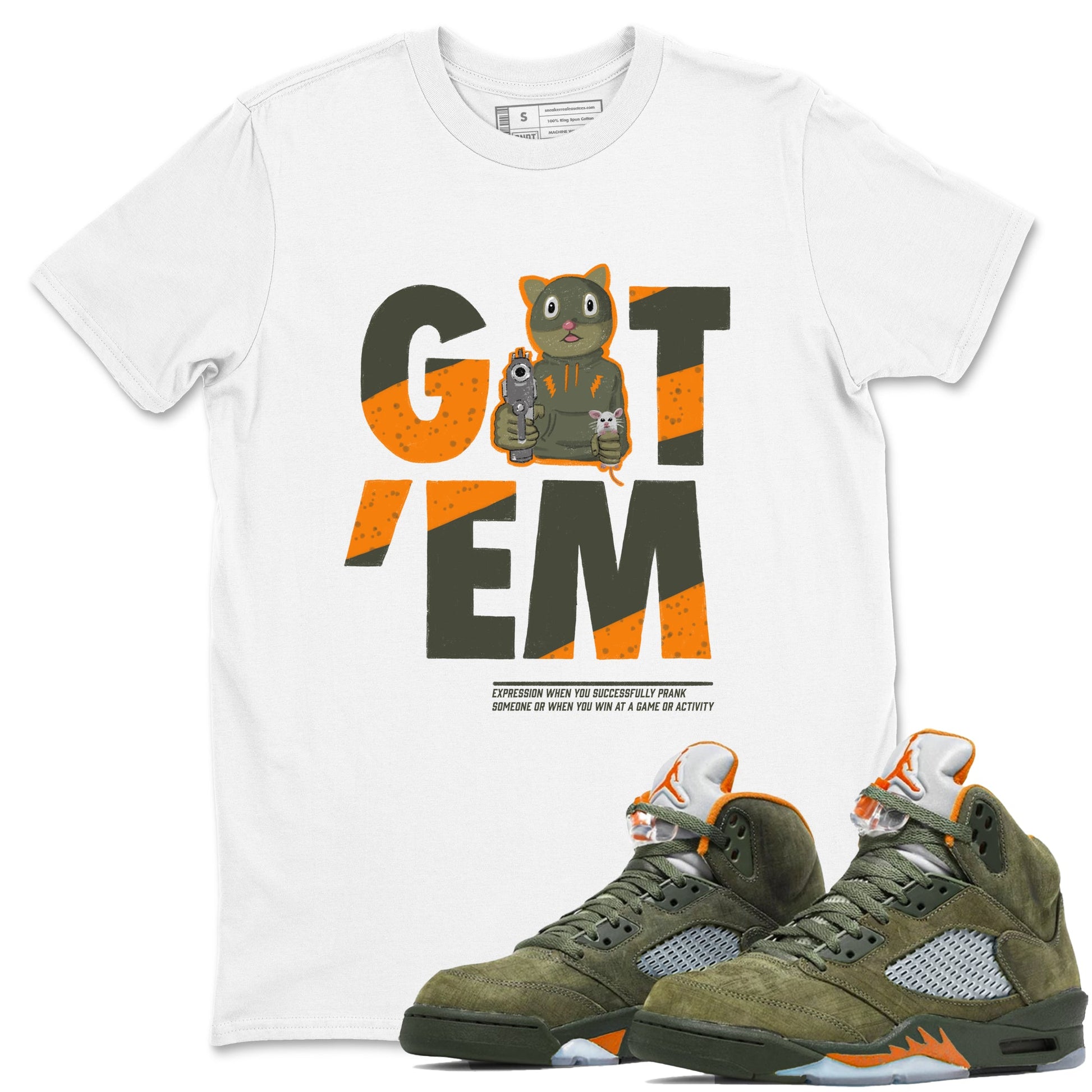 5s Olive shirt to match jordans Got'em Cat sneaker tees Air Jordan 5 Retro Olive SNRT Sneaker Release Tees unisex cotton White 1 crew neck shirt