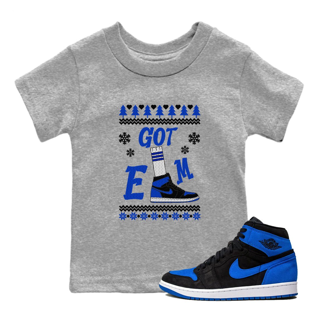 Air Jordan 1 Royal Reimagined shirt to match jordans Gotem Sweater sneaker tees Christmas dress Ugly Sweater AJ1 Royal Reimagined SNRT sneaker release tees baby toddler Heather Grey 1 cotton Shirt