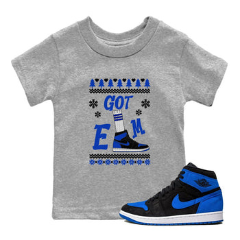 Air Jordan 1 Royal Reimagined shirt to match jordans Gotem Sweater sneaker tees Christmas dress Ugly Sweater AJ1 Royal Reimagined SNRT sneaker release tees baby toddler Heather Grey 1 cotton Shirt