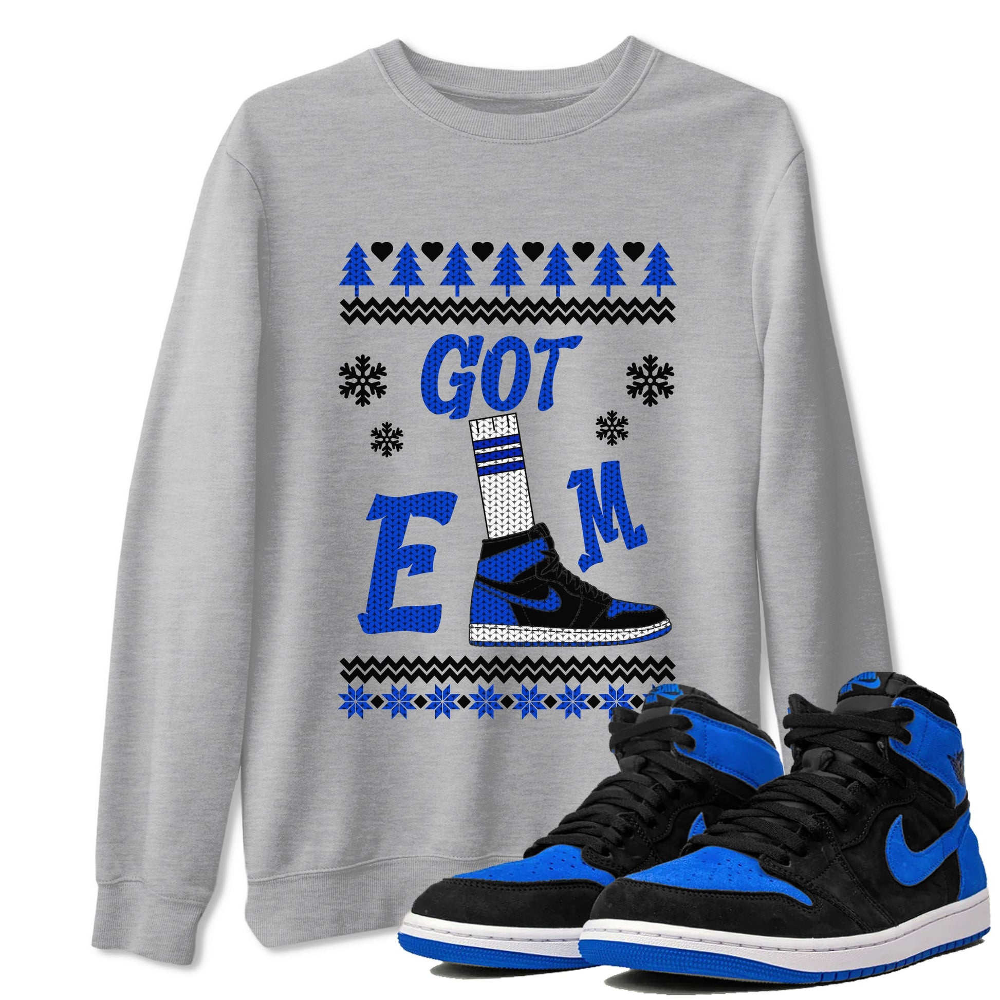 Air Jordan 1 Royal Reimagined shirt to match jordans Gotem Sweater sneaker tees Christmas dress Ugly Sweater AJ1 Royal Reimagined SNRT Sneaker Release Tees unisex cotton Heather Grey 1 crew neck shirt