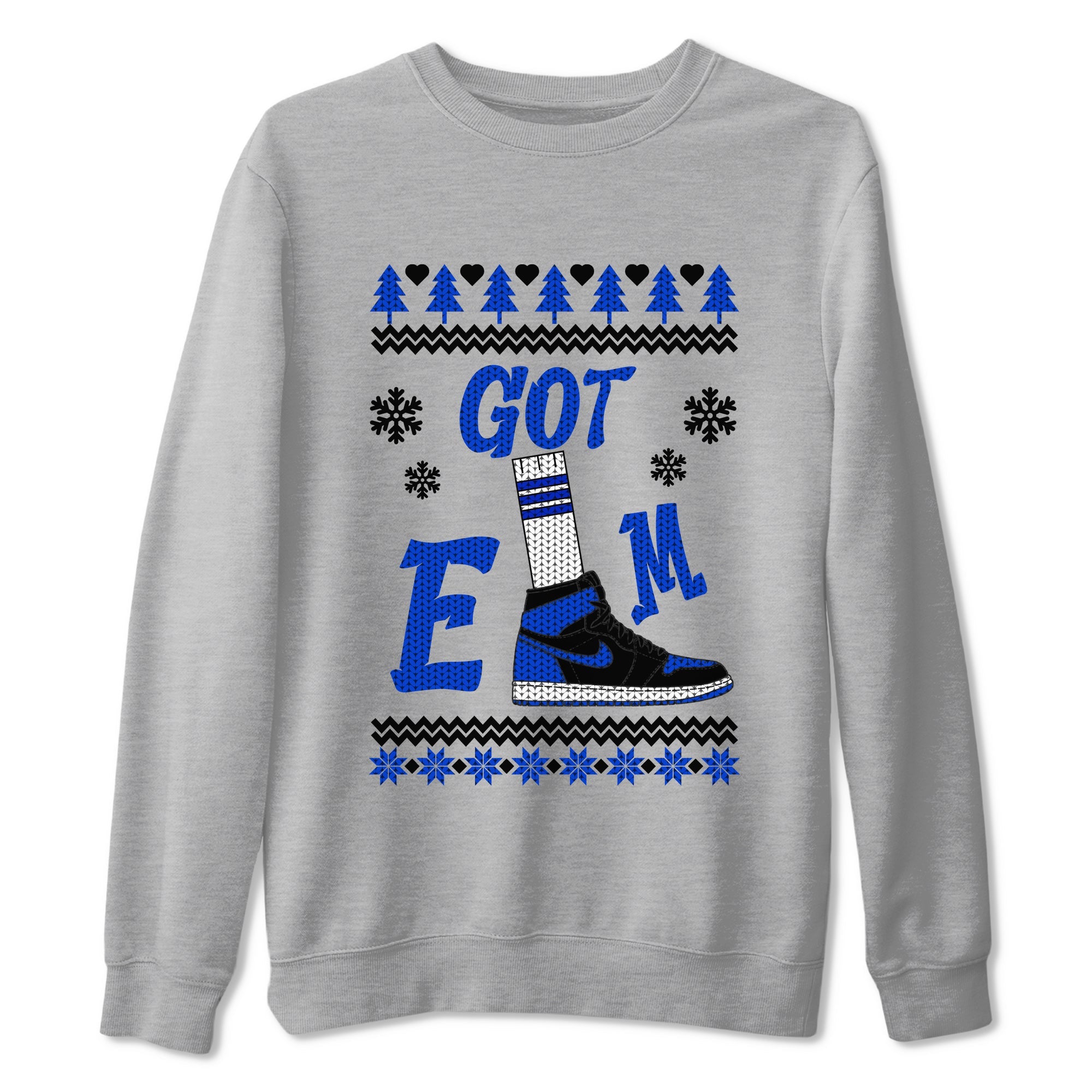 Air Jordan 1 Royal Reimagined shirt to match jordans Gotem Sweater sneaker tees Christmas dress Ugly Sweater AJ1 Royal Reimagined SNRT Sneaker Release Tees unisex cotton Heather Grey 2 crew neck shirt