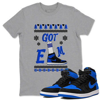 Air Jordan 1 Royal Reimagined shirt to match jordans Gotem Sweater sneaker tees Christmas dress Ugly Sweater AJ1 Royal Reimagined SNRT Sneaker Release Tees unisex cotton Heather Grey 1 crew neck shirt