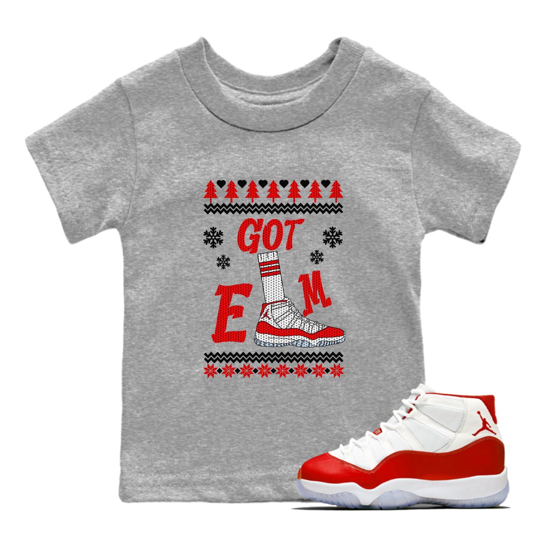 Air Jordan 11 Cherry shirt to match jordans Gotem Sweater sneaker tees Christmas dress Ugly Sweater AJ11 Cherry SNRT sneaker release tees baby toddler Heather Grey 1 cotton Shirt