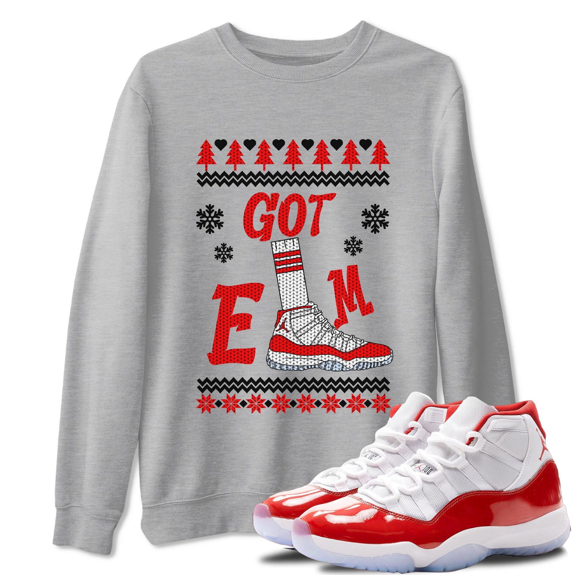 Air Jordan 11 Cherry shirt to match jordans Gotem Sweater sneaker tees Christmas dress Ugly Sweater AJ11 Cherry SNRT Sneaker Release Tees unisex cotton Heather Grey 1 crew neck shirt