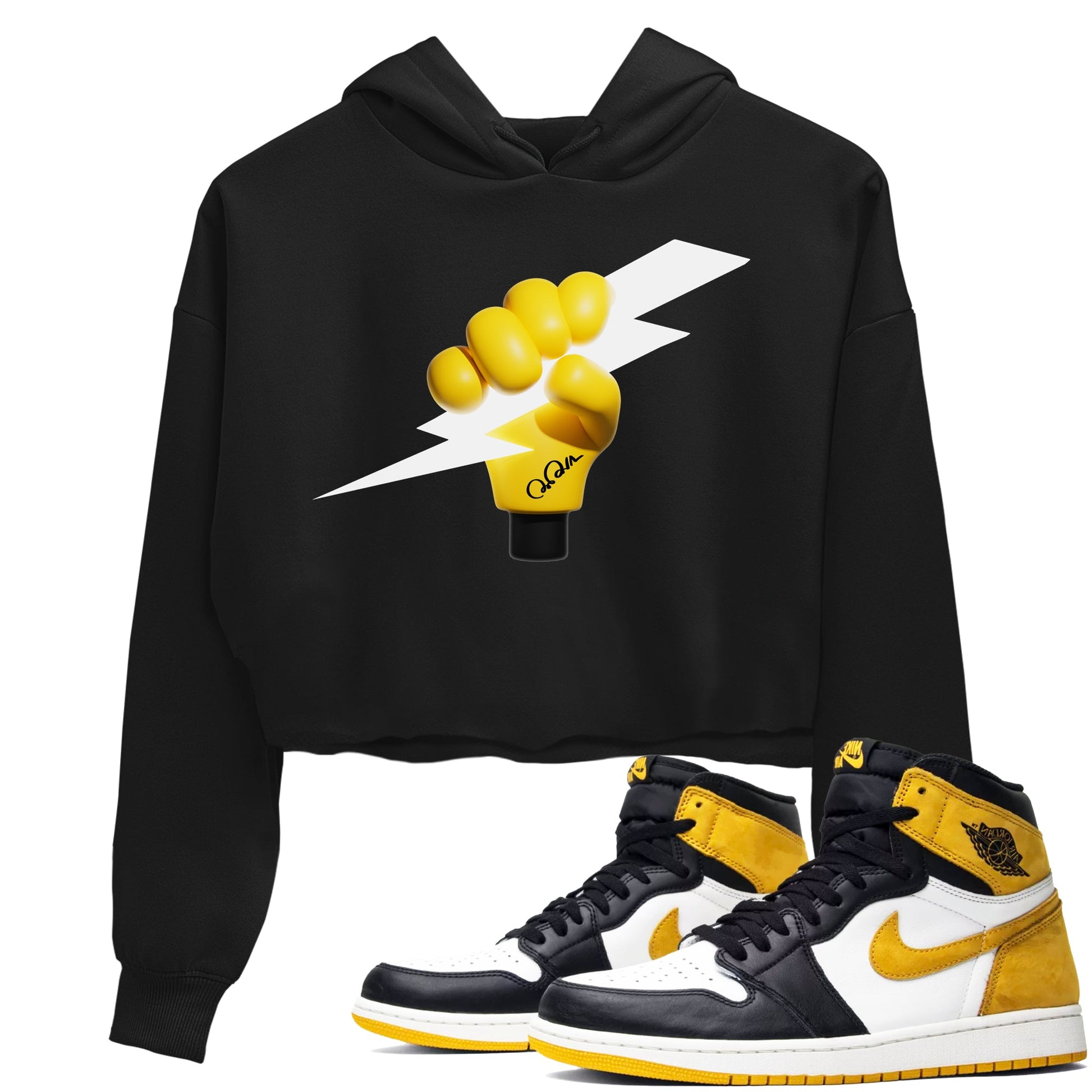 1s Yellow Ochre shirt to match jordans Grab The Thunder sneaker tees Air Jordan 1 Yellow Ochre SNRT Sneaker Release Tees Black 1 crop length shirt