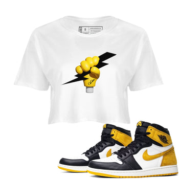 1s Yellow Ochre shirt to match jordans Grab The Thunder sneaker tees Air Jordan 1 Yellow Ochre SNRT Sneaker Release Tees White 1 crop length shirt