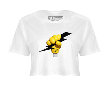 1s Yellow Ochre shirt to match jordans Grab The Thunder sneaker tees Air Jordan 1 Yellow Ochre SNRT Sneaker Release Tees White 2 crop length shirt