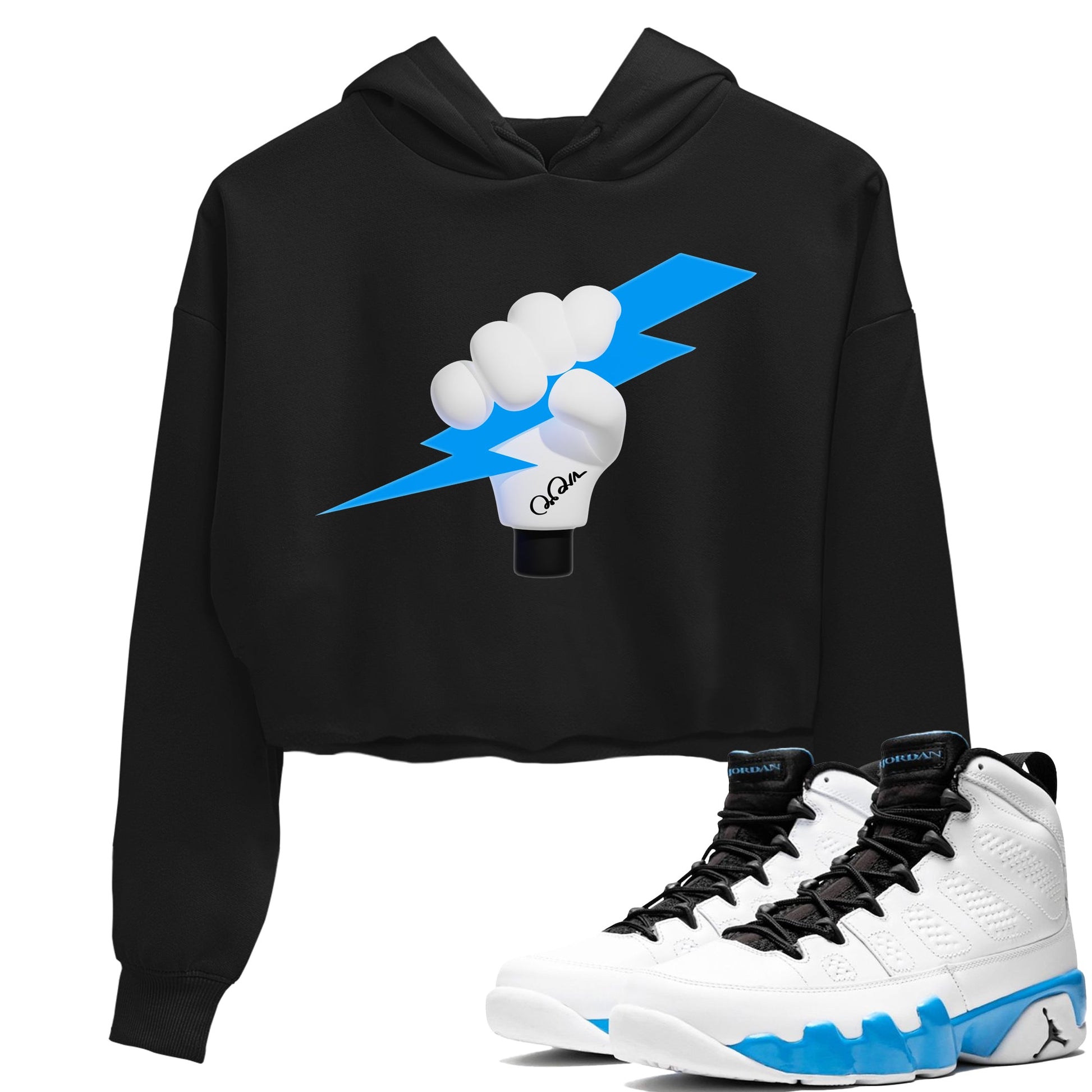 9s Powder Blue shirt to match jordans Grab The Thunder sneaker tees Air Jordan 9 Powder Blue SNRT Sneaker Release Tees Black 1 crop length shirt