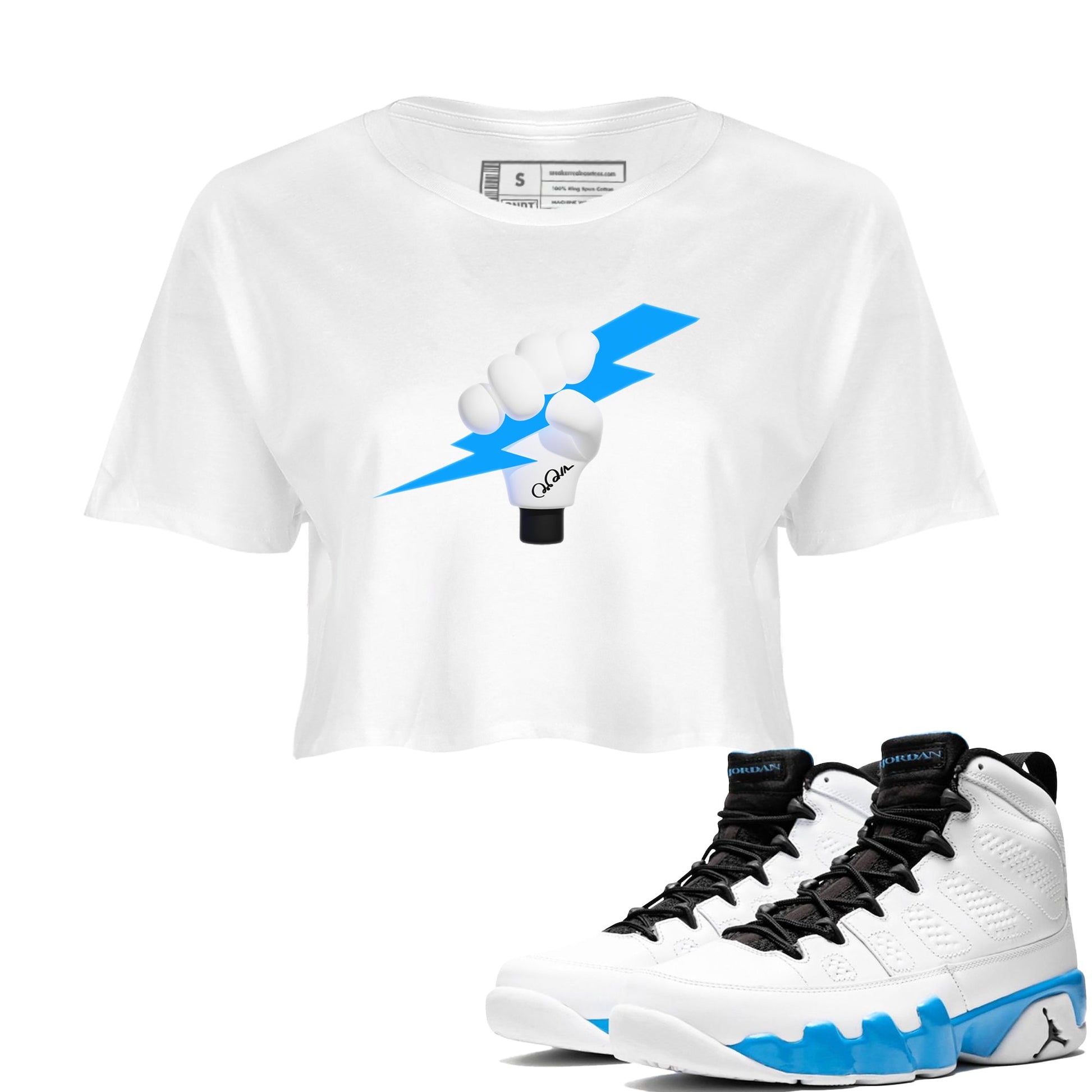 9s Powder Blue shirt to match jordans Grab The Thunder sneaker tees Air Jordan 9 Powder Blue SNRT Sneaker Release Tees White 1 crop length shirt