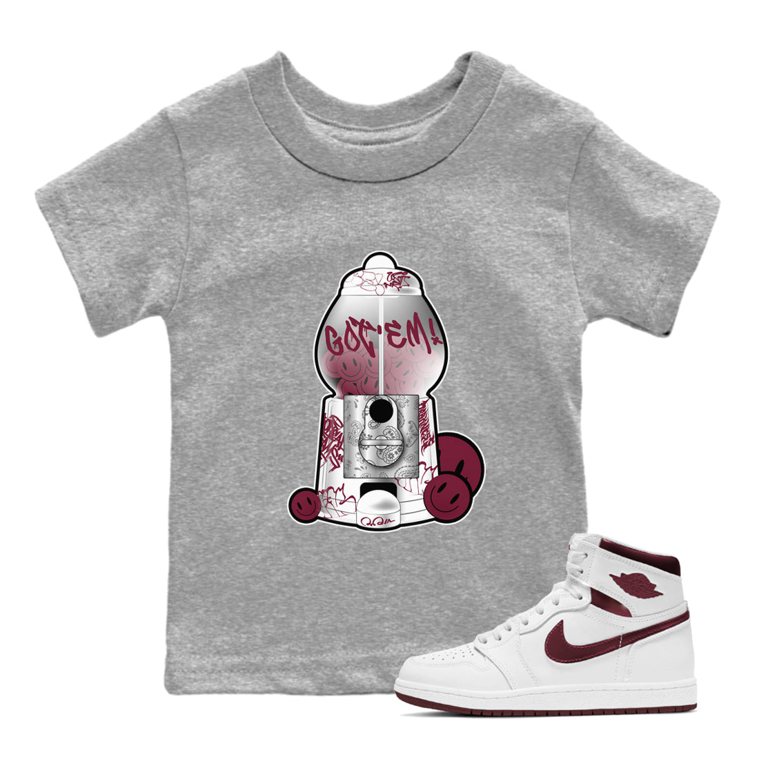 Air Jordan 1 Metallic Burgundy shirt to match jordans Gumball Machine sneaker tees AJ1 Metallic Burgundy SNRT Sneaker Release Tees Baby Toddler Heather Grey 1 T-Shirt