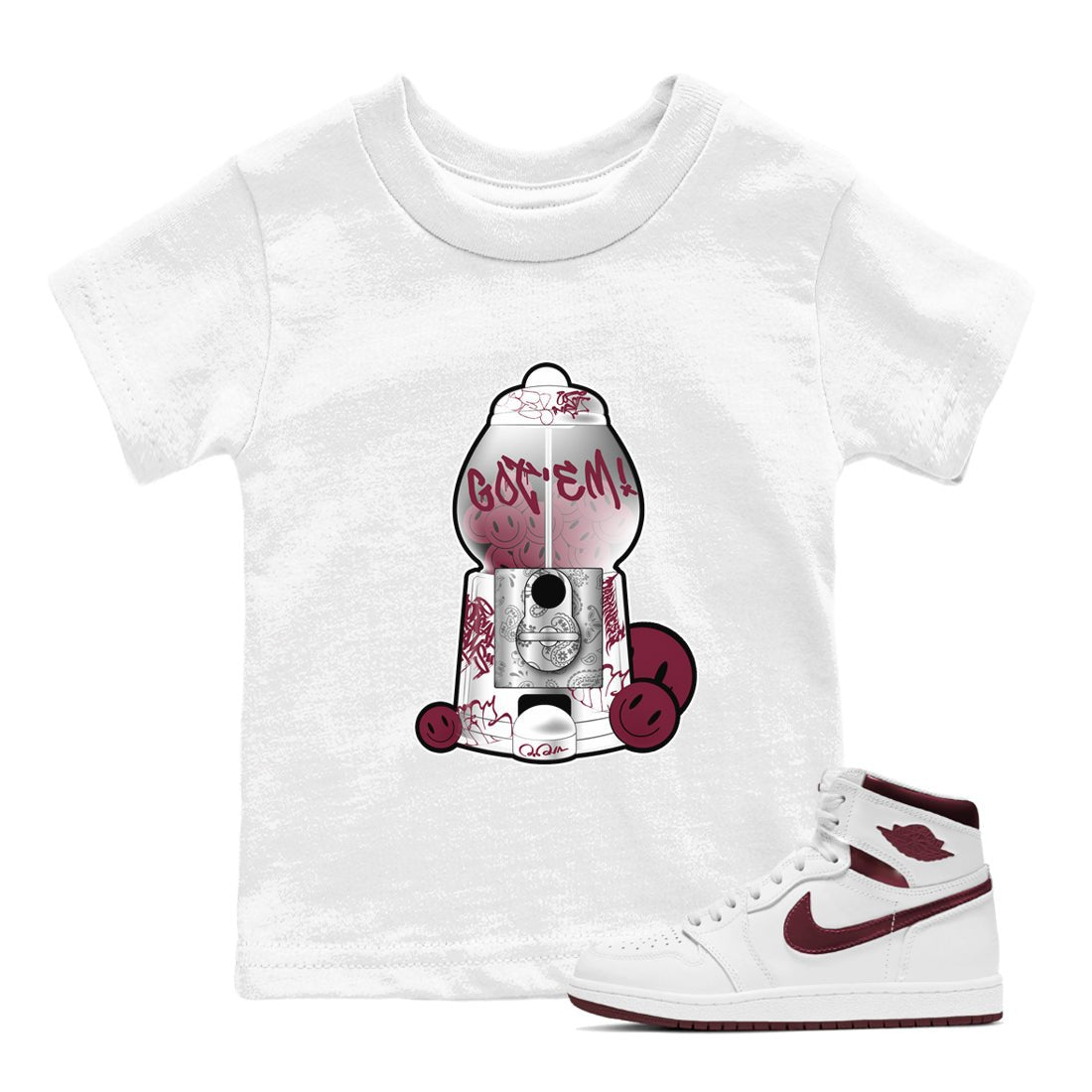 Air Jordan 1 Metallic Burgundy shirt to match jordans Gumball Machine sneaker tees AJ1 Metallic Burgundy SNRT Sneaker Release Tees Baby Toddler White 1 T-Shirt