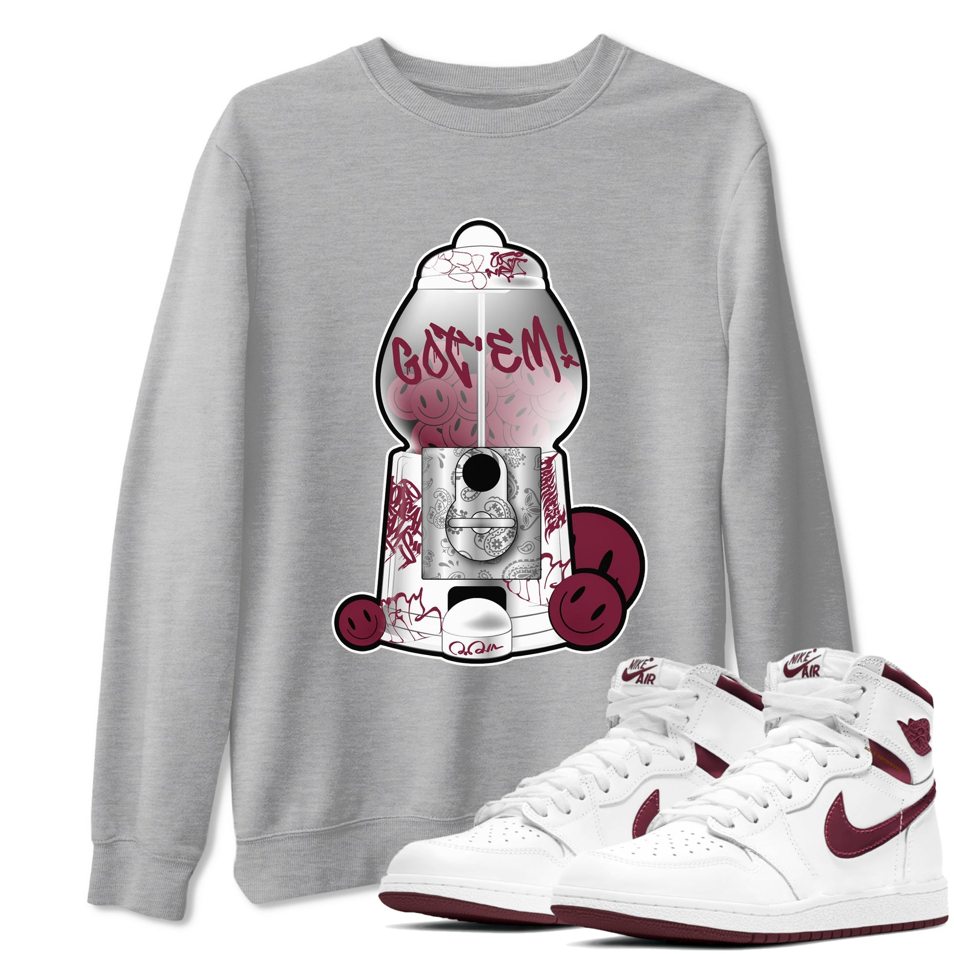 Air Jordan 1 Metallic Burgundy shirt to match jordans Gumball Machine sneaker tees AJ1 Metallic Burgundy SNRT Sneaker Release Tees Unisex Heather Grey 1 T-Shirt