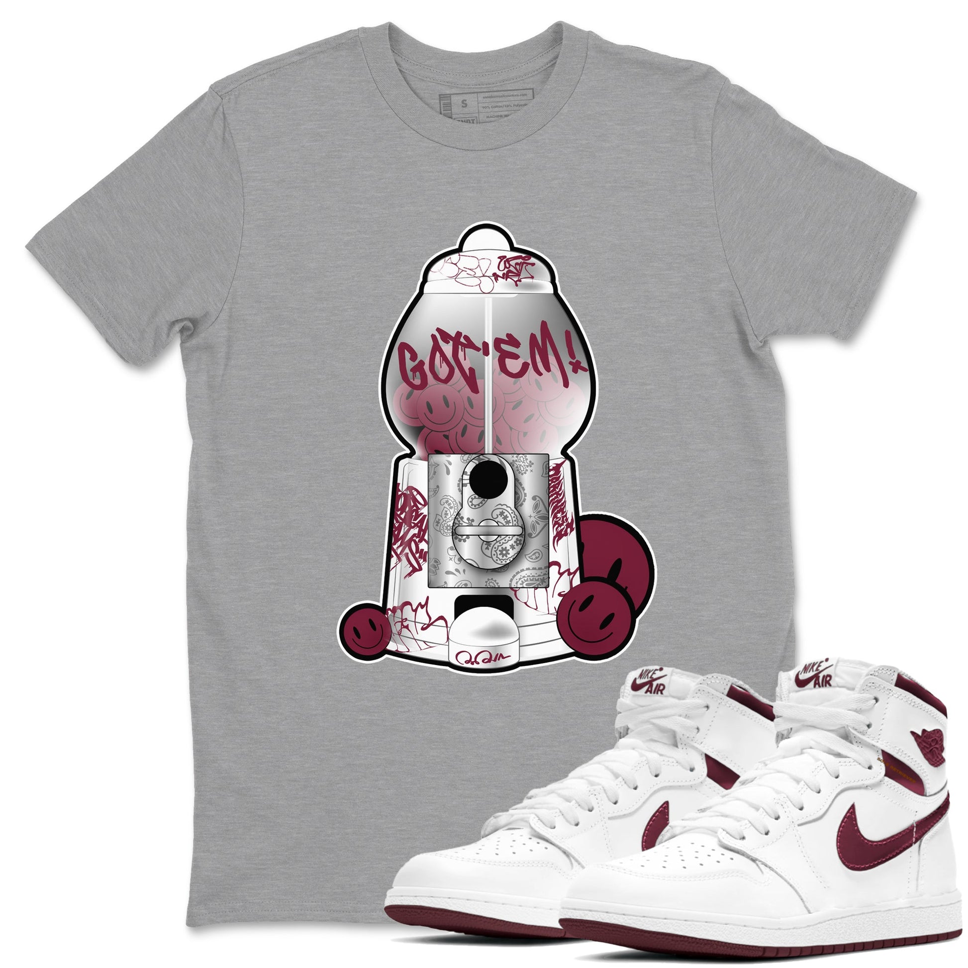 Air Jordan 1 Metallic Burgundy shirt to match jordans Gumball Machine sneaker tees AJ1 Metallic Burgundy SNRT Sneaker Release Tees Unisex Heather Grey 1 T-Shirt
