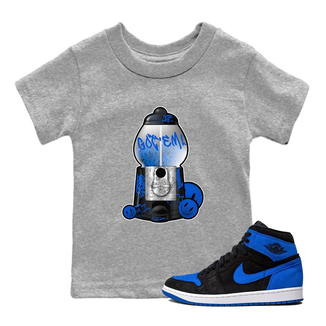 Air Jordan 1 Royal Reimagined shirt to match jordans Gumball Machine sneaker tees Graffiti AJ1 Royal Reimagined SNRT Sneaker Release Tees Baby Toddler Heather Grey 1 T-Shirt