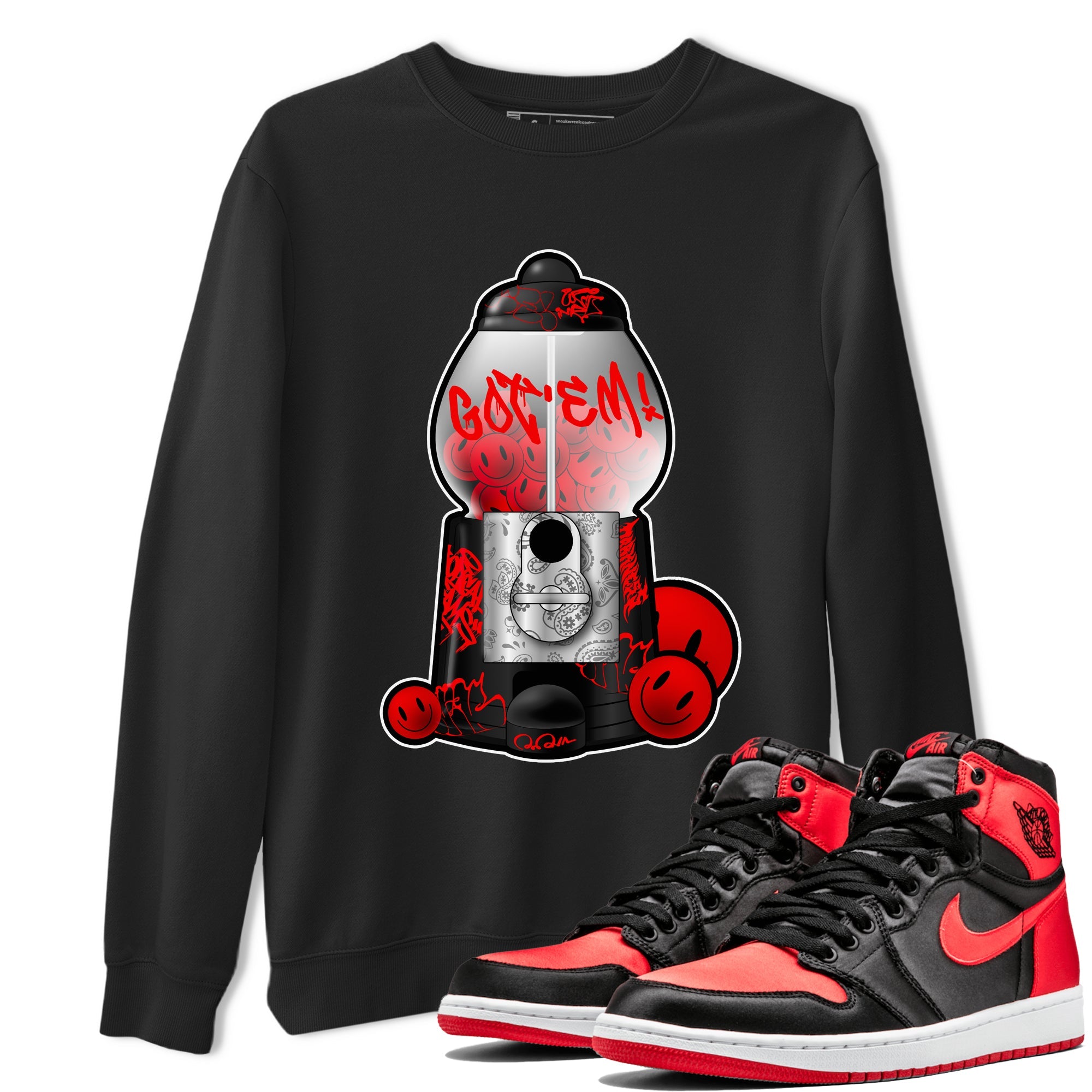 Air Jordan 1 Satin Bred shirt to match jordans Gumball Machine sneaker tees Graffiti AJ1 Satin Bred SNRT Sneaker Release Tees Unisex Black 1 T-Shirt