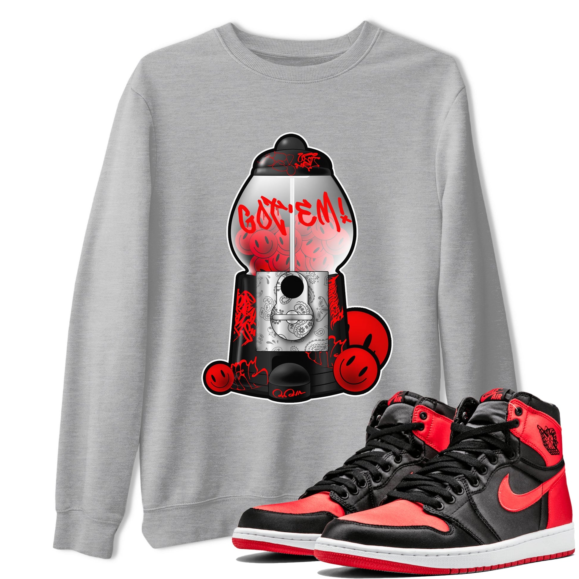 Air Jordan 1 Satin Bred shirt to match jordans Gumball Machine sneaker tees Graffiti AJ1 Satin Bred SNRT Sneaker Release Tees Unisex Heather Grey 1 T-Shirt