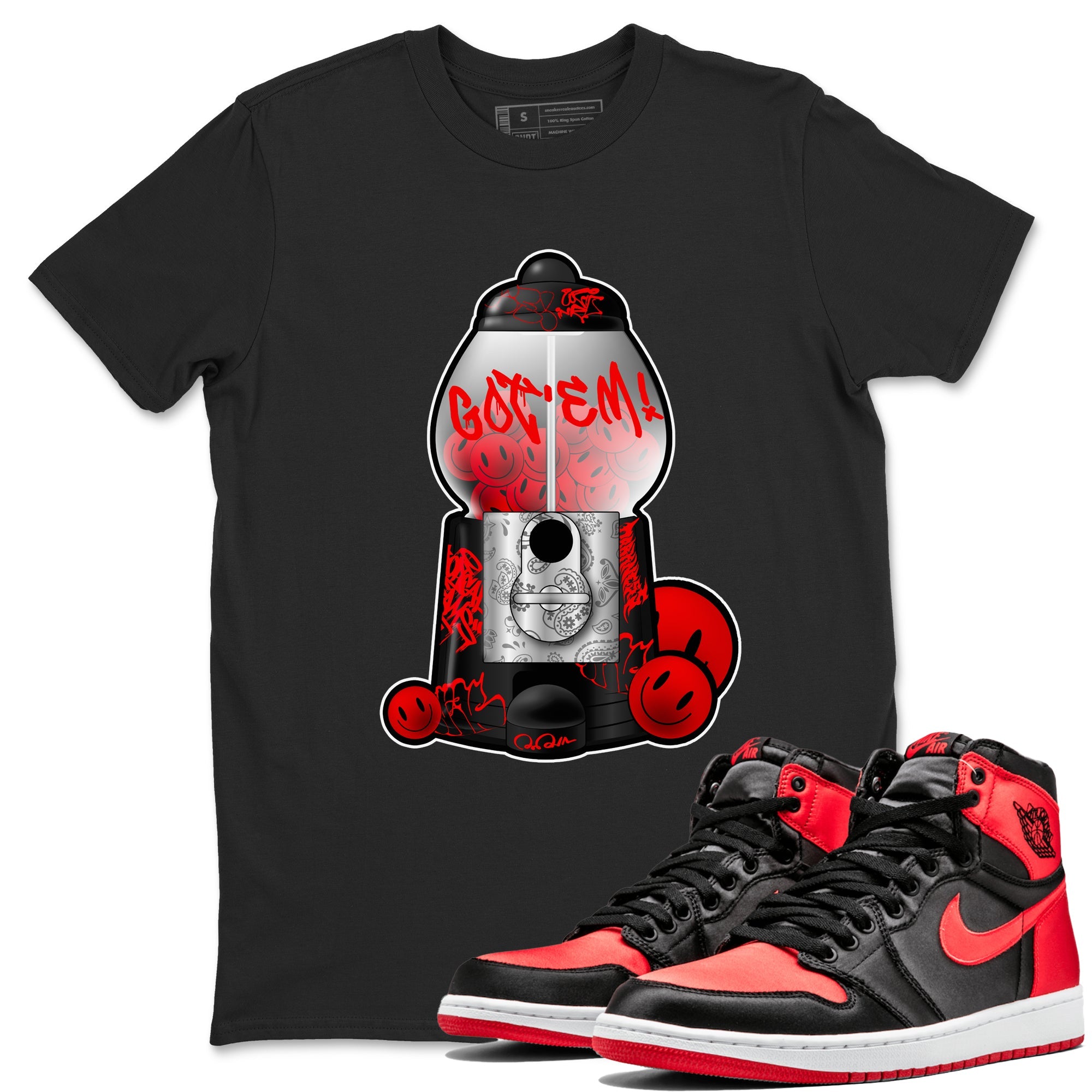 Air Jordan 1 Satin Bred shirt to match jordans Gumball Machine sneaker tees Graffiti AJ1 Satin Bred SNRT Sneaker Release Tees Unisex Black 1 T-Shirt