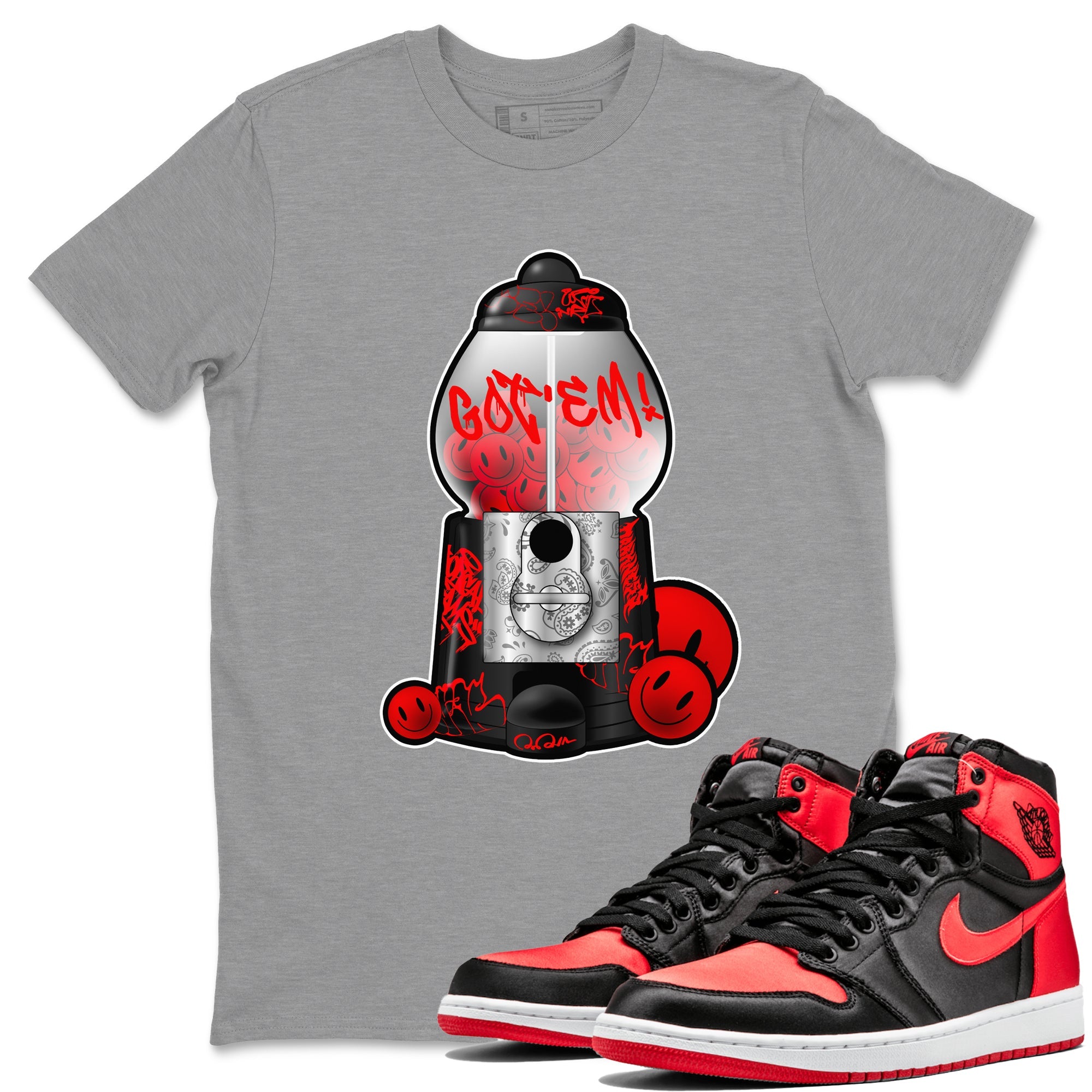 Air Jordan 1 Satin Bred shirt to match jordans Gumball Machine sneaker tees Graffiti AJ1 Satin Bred SNRT Sneaker Release Tees Unisex Heather Grey 1 T-Shirt