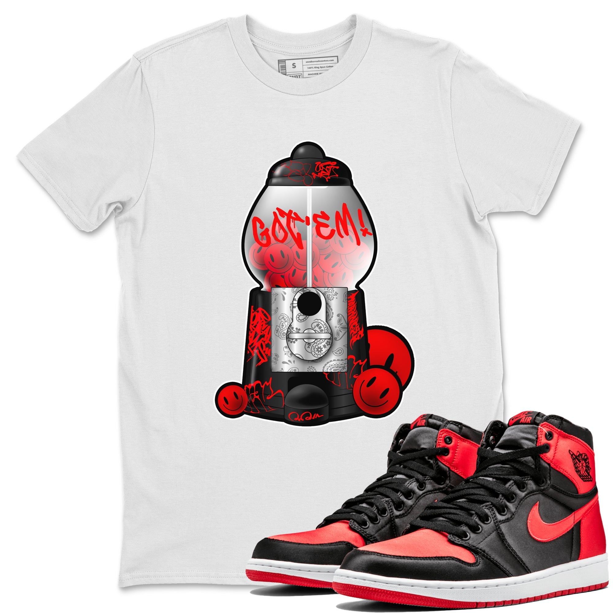 Air Jordan 1 Satin Bred shirt to match jordans Gumball Machine sneaker tees Graffiti AJ1 Satin Bred SNRT Sneaker Release Tees Unisex White 1 T-Shirt