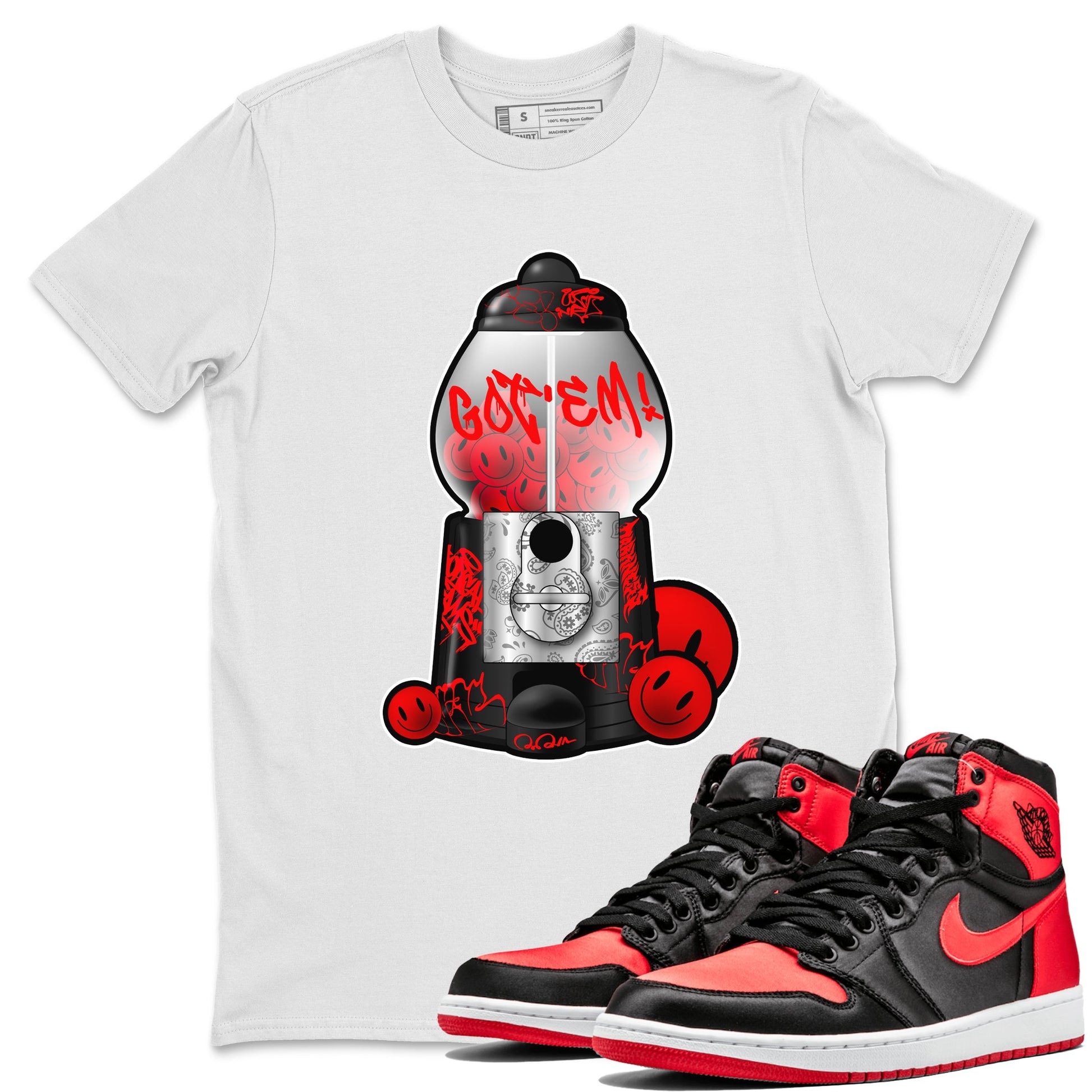 Air Jordan 1 Satin Bred shirt to match jordans Gumball Machine sneaker tees Graffiti AJ1 Satin Bred SNRT Sneaker Release Tees Unisex White 1 T-Shirt