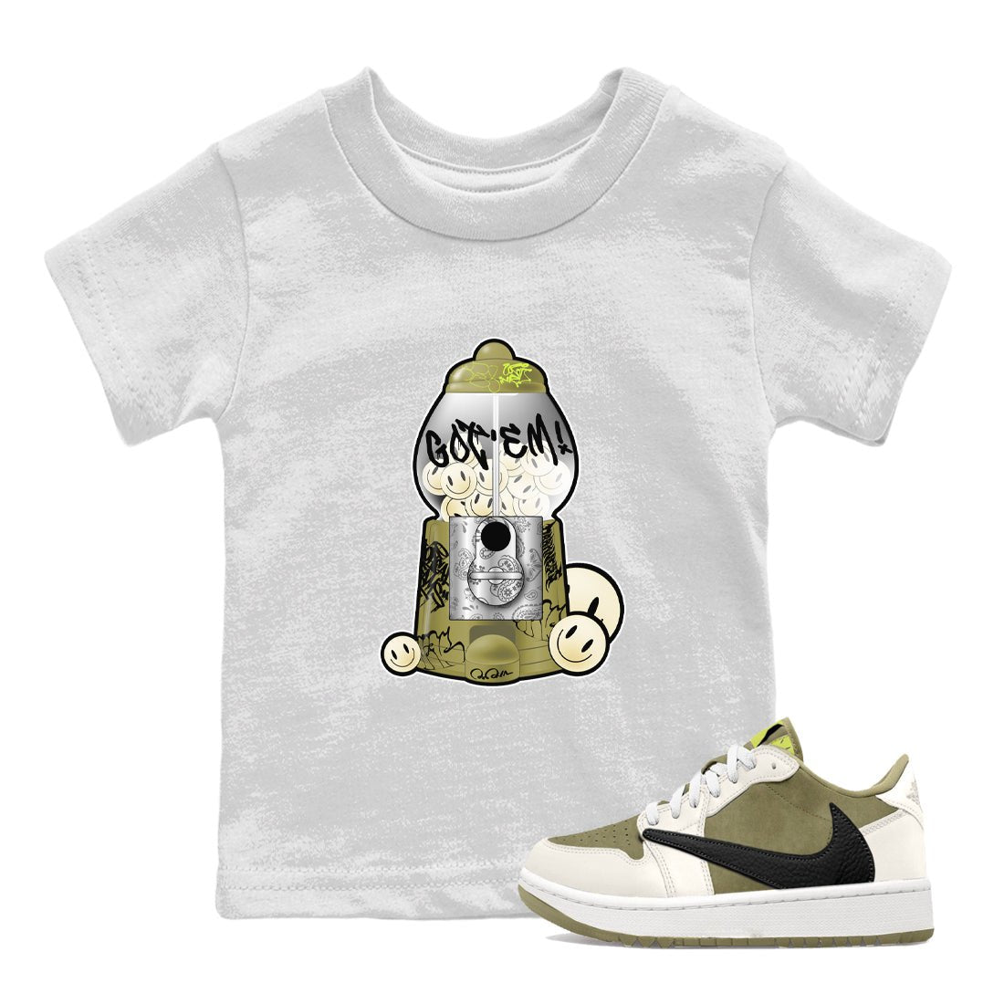 Air Jordan 1 Travis Scott Golf Olive shirt to match jordans Gumball Machine sneaker tees Graffiti AJ1 Travis Scott Golf Olive SNRT Sneaker Release Tees Baby Toddler White 1 T-Shirt