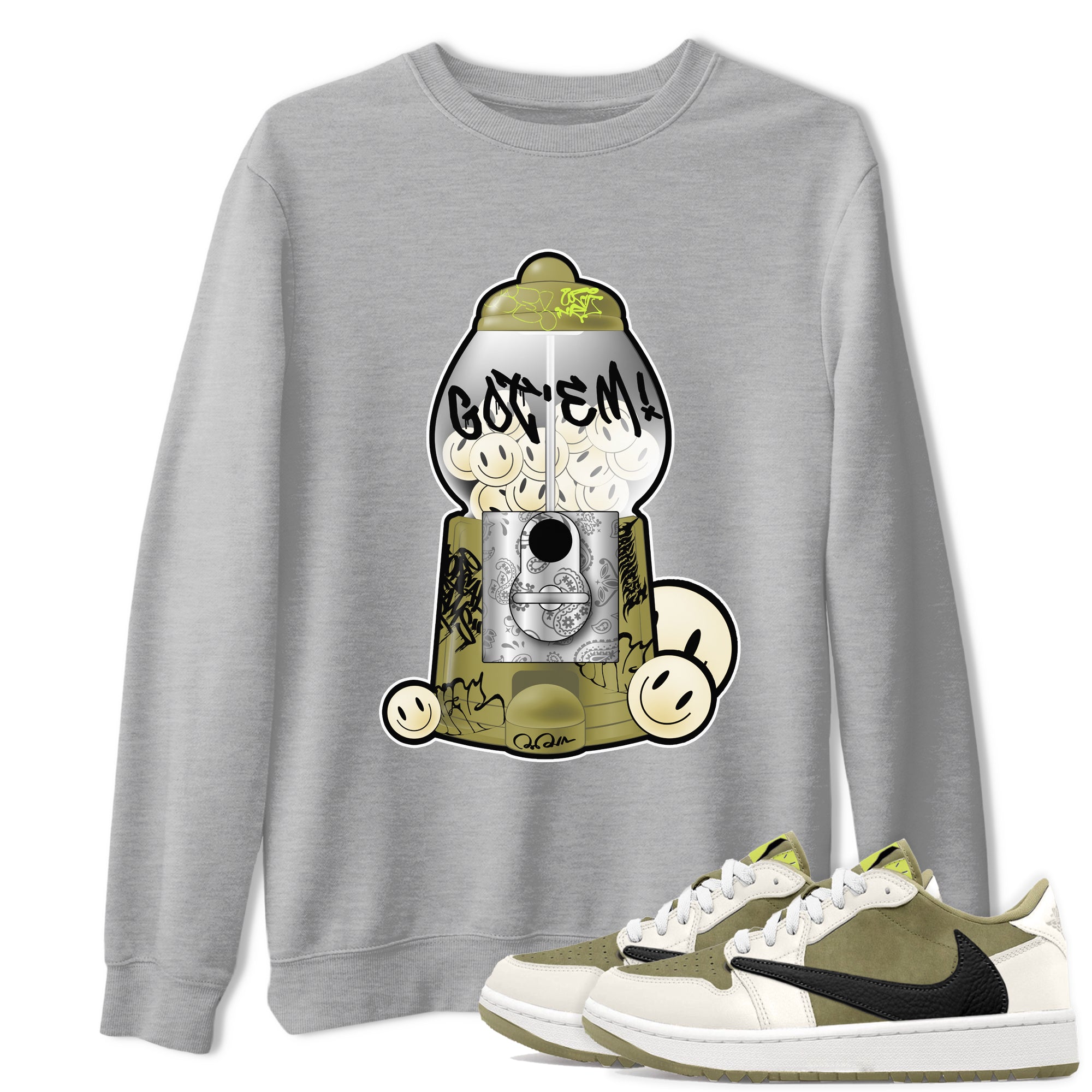 Air Jordan 1 Travis Scott Golf Olive shirt to match jordans Gumball Machine sneaker tees Graffiti AJ1 Travis Scott Golf Olive SNRT Sneaker Release Tees Unisex Heather Grey 1 T-Shirt