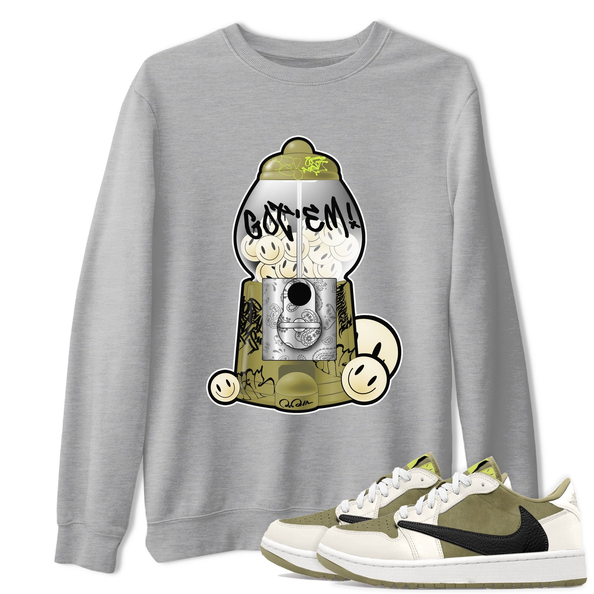 Air Jordan 1 Travis Scott Golf Olive shirt to match jordans Gumball Machine sneaker tees Graffiti AJ1 Travis Scott Golf Olive SNRT Sneaker Release Tees Unisex Heather Grey 1 T-Shirt