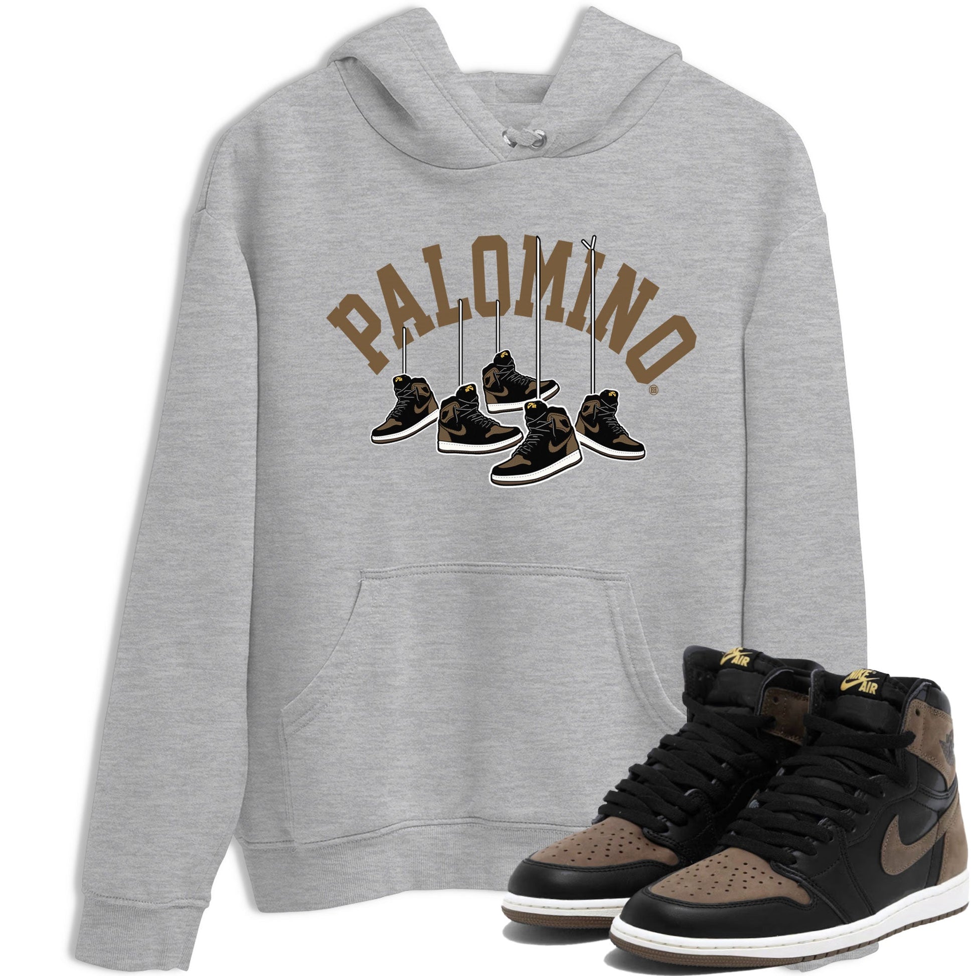1s Palomino shirt to match jordans Hanging Sneakers sneaker tees Air Jordan 1 Palomino SNRT Sneaker Release Tees Unisex Heather Grey 1 T-Shirt