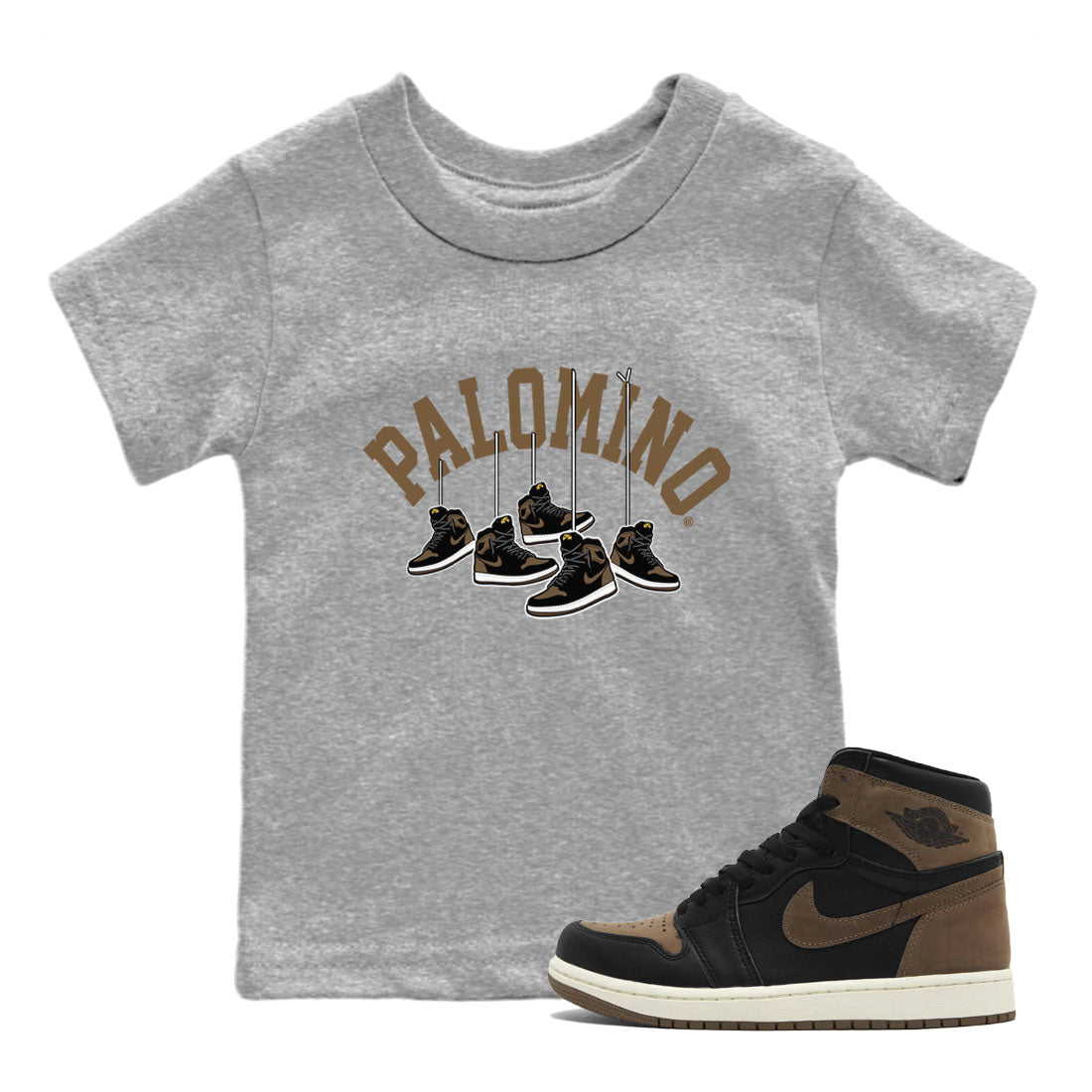 1s Palomino shirt to match jordans Hanging Sneakers sneaker tees Air Jordan 1 Palomino SNRT Sneaker Release Tees Baby Toddler Heather Grey 1 T-Shirt