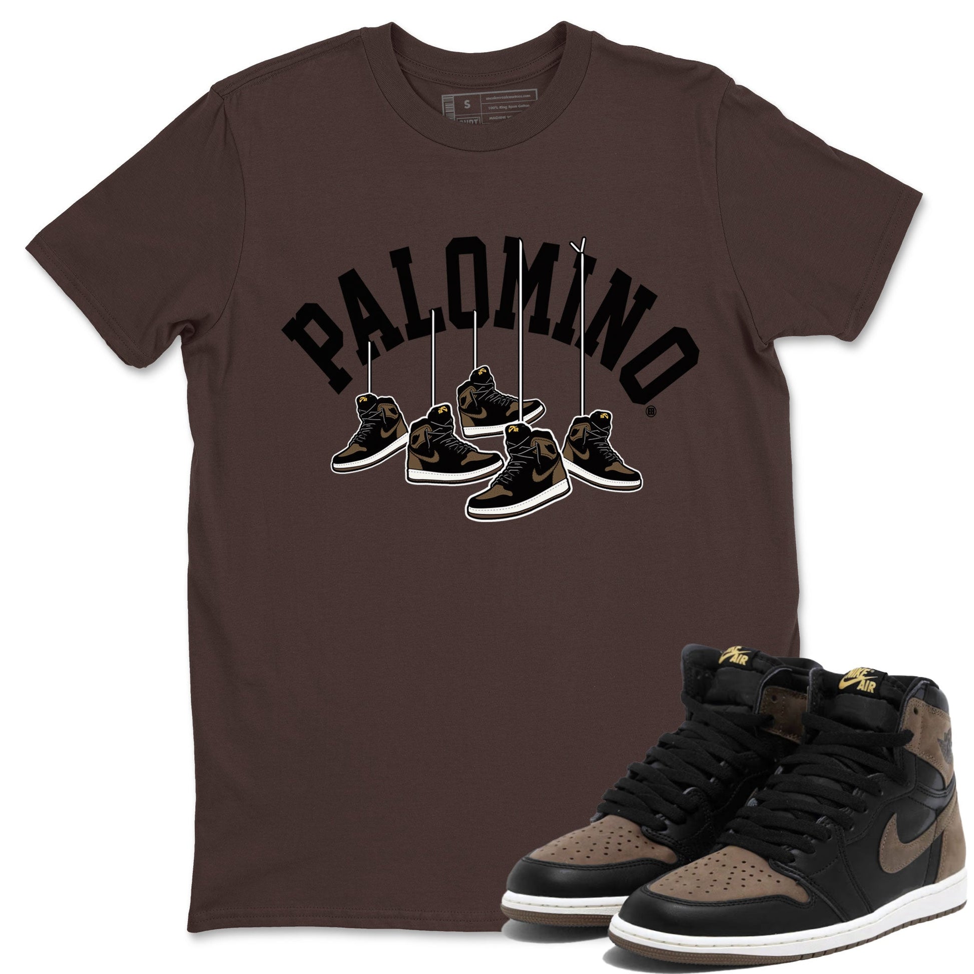 1s Palomino shirt to match jordans Hanging Sneakers sneaker tees Air Jordan 1 Palomino SNRT Sneaker Release Tees Unisex Dark Chocolate 1 T-Shirt
