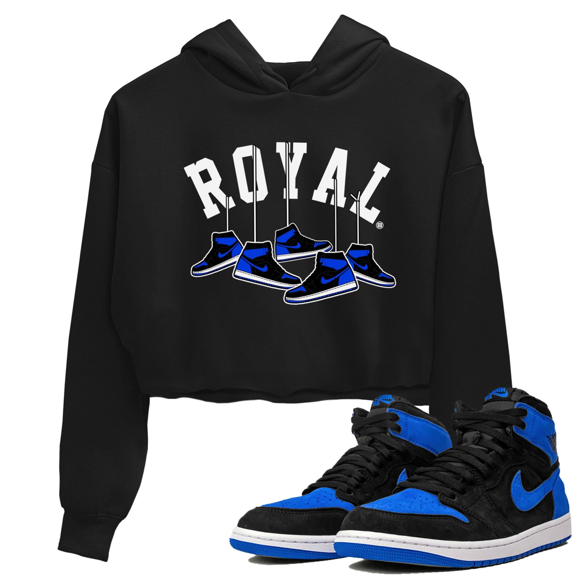 Air Jordan 1 Royal Reimagined shirt to match jordans Hanging Sneakers sneaker tees Air Jordan 1 High OG Royal Reimagined SNRT Sneaker Release Tees Black 1 Crop T-Shirt