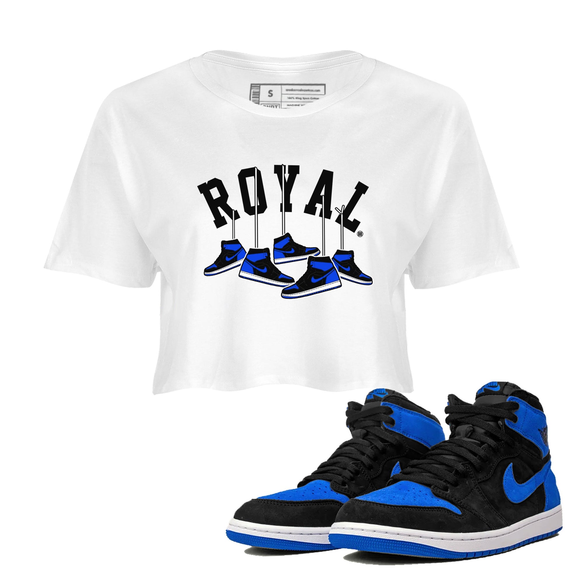 Air Jordan 1 Royal Reimagined shirt to match jordans Hanging Sneakers sneaker tees Air Jordan 1 High OG Royal Reimagined SNRT Sneaker Release Tees White 1 Crop T-Shirt