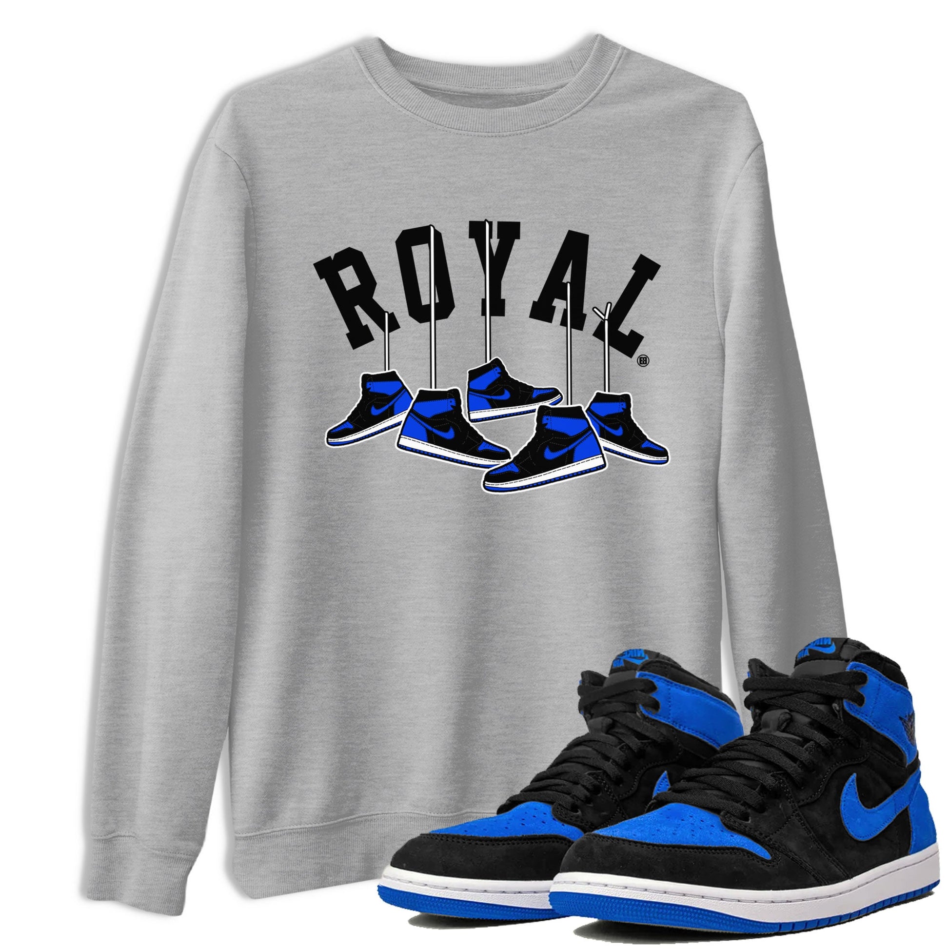 Air Jordan 1 Royal Reimagined shirt to match jordans Hanging Sneakers sneaker tees Air Jordan 1 High OG Royal Reimagined SNRT Sneaker Release Tees Unisex Heather Grey 1 T-Shirt