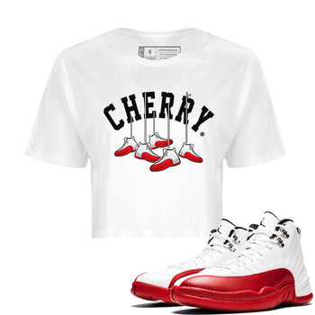 12s Cherry Sneaker Match Tees Cherry Hanging Sneakers Sneaker Tees Air Jordan 12 Cherry Sneaker Release Tees Women's Shirts White 1
