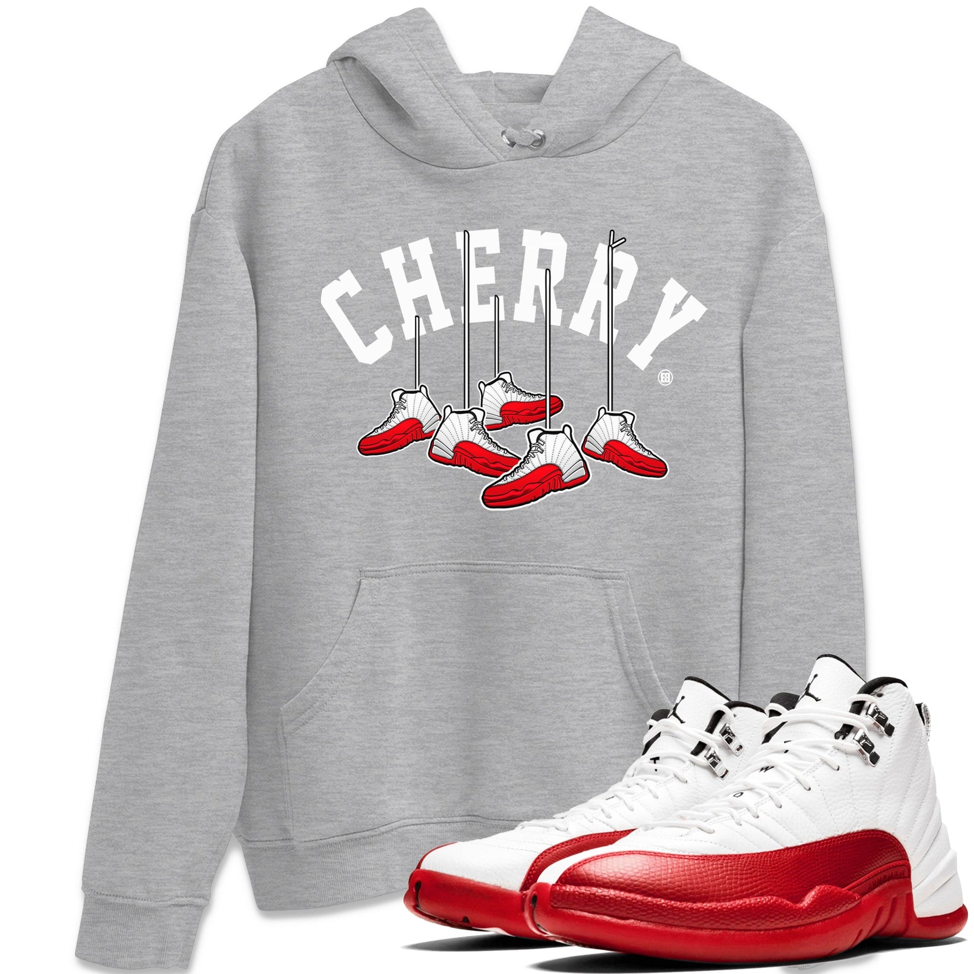 12s Cherry Sneaker Match Tees Cherry Hanging Sneakers Sneaker Tees Air Jordan 12 Cherry Sneaker Release Tees Unisex Shirts Heather Grey 1