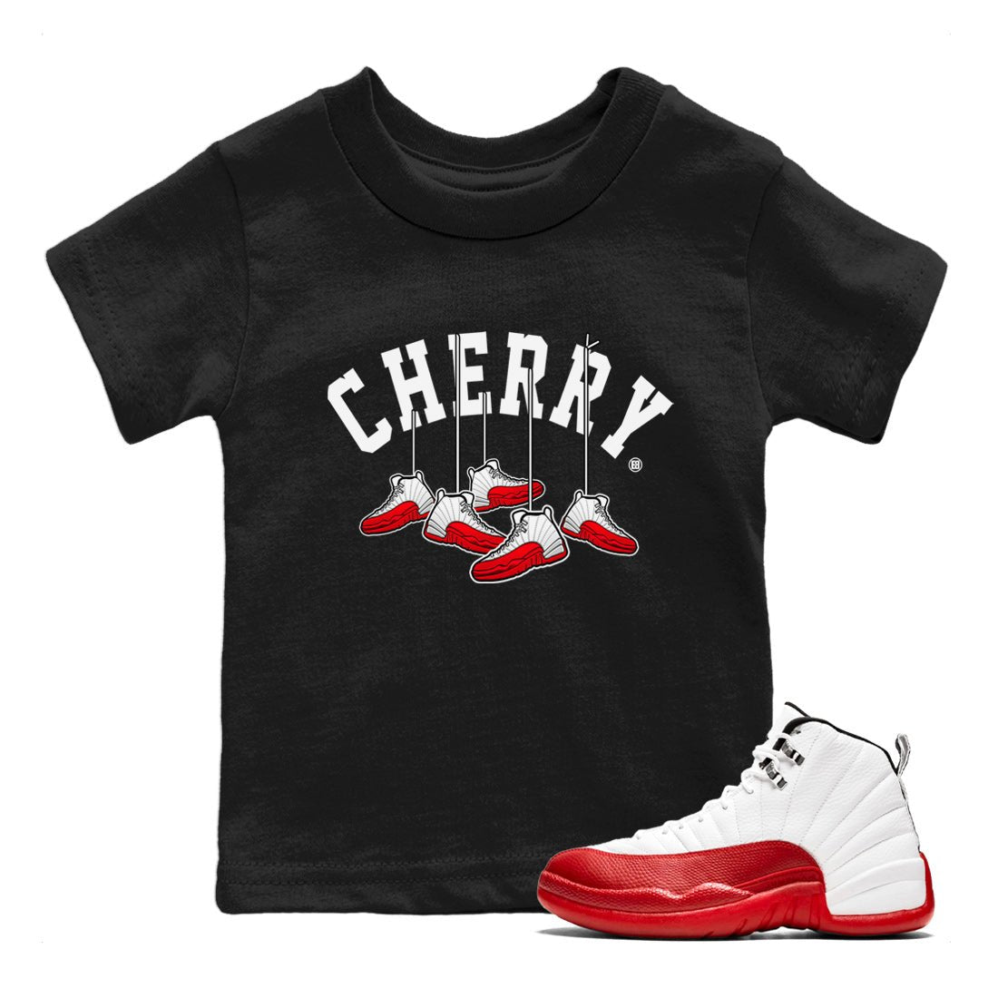 12s Cherry Sneaker Match Tees Cherry Hanging Sneakers Sneaker Tees Air Jordan 12 Cherry Sneaker Release Tees Kids Shirts Black 1